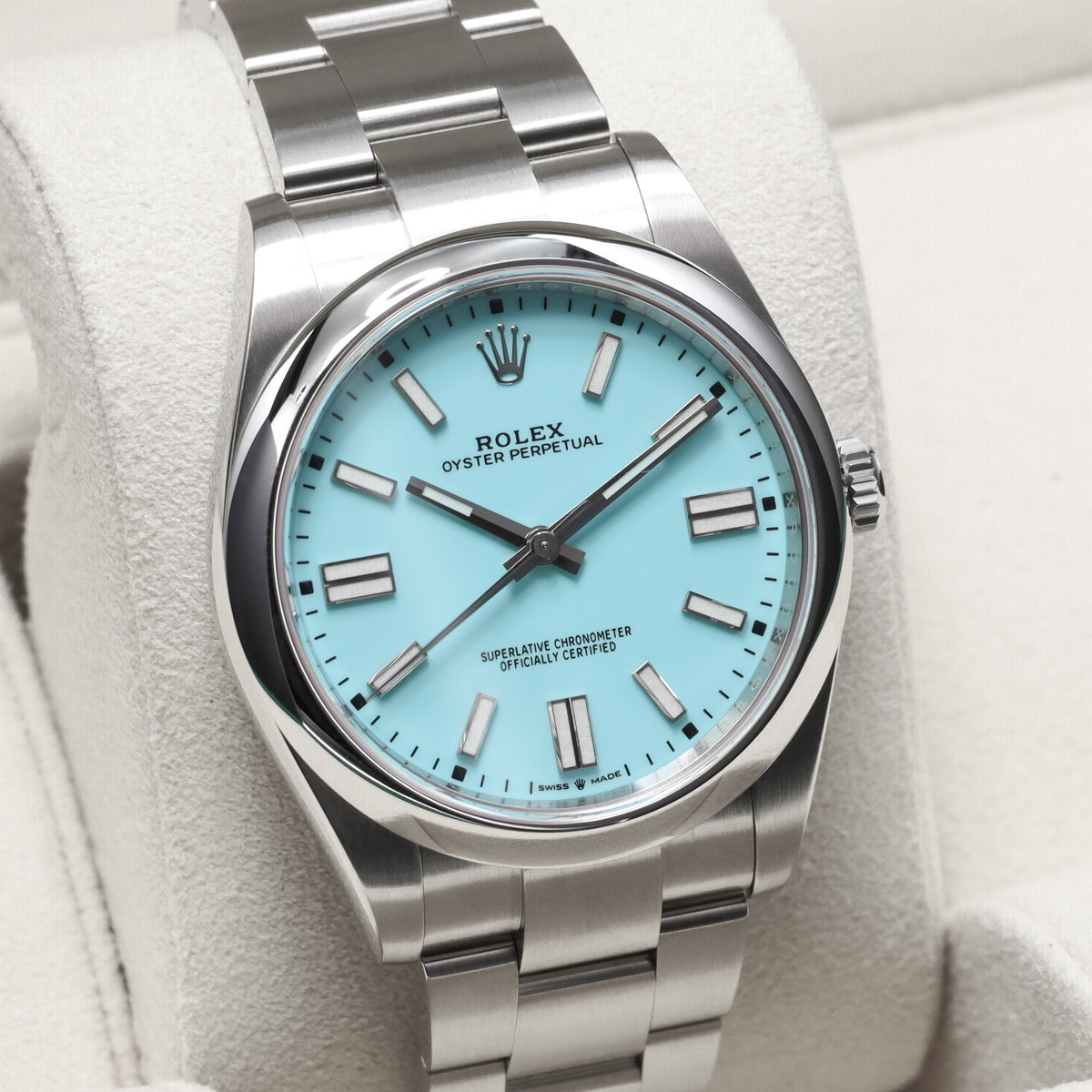Rolex Oyster Perpetual Complete 41mm Oystersteel Turquoise Blue Dial Oystersteel Bezel Oyster Bracelet with Oysterclasp and Easylink Extension 124300