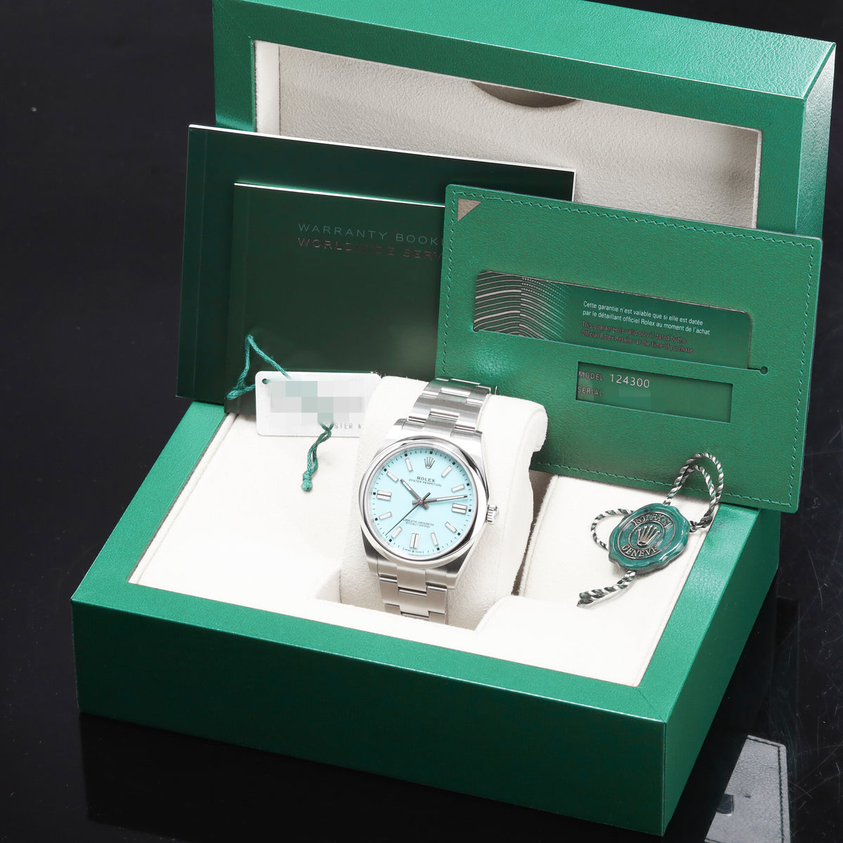 Rolex Oyster Perpetual Complete 41mm Oystersteel Turquoise Blue Dial Oystersteel Bezel Oyster Bracelet with Oysterclasp and Easylink Extension 124300