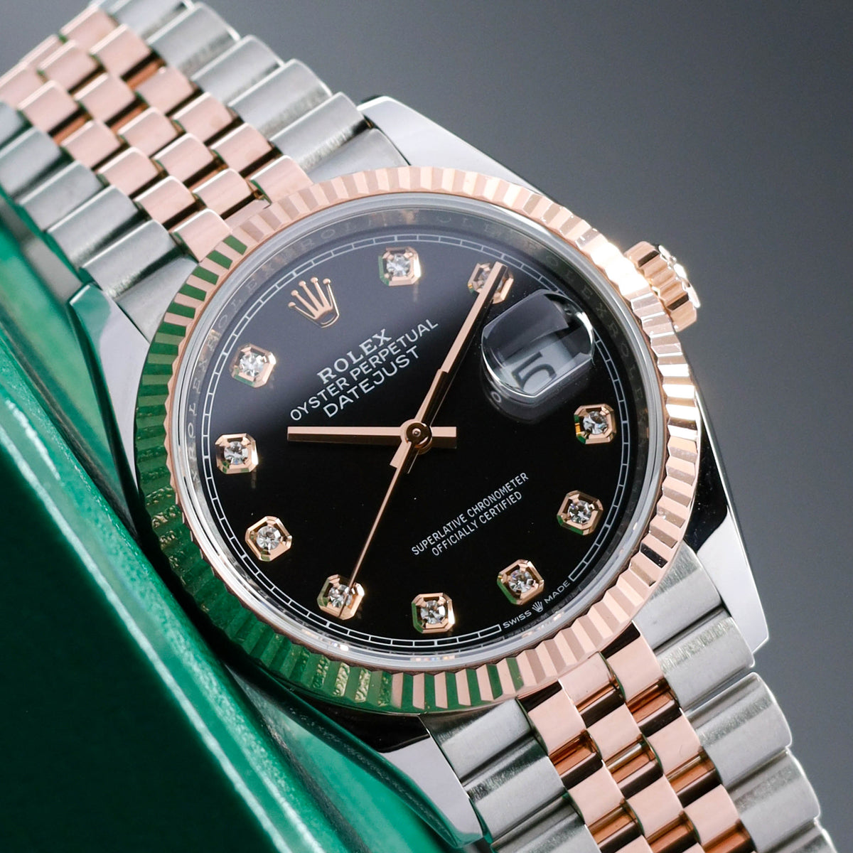 Rolex Datejust 36mm 2025 Complete Set Rose Gold Steel Black Diamond Dial Jubilee Fluted 126231