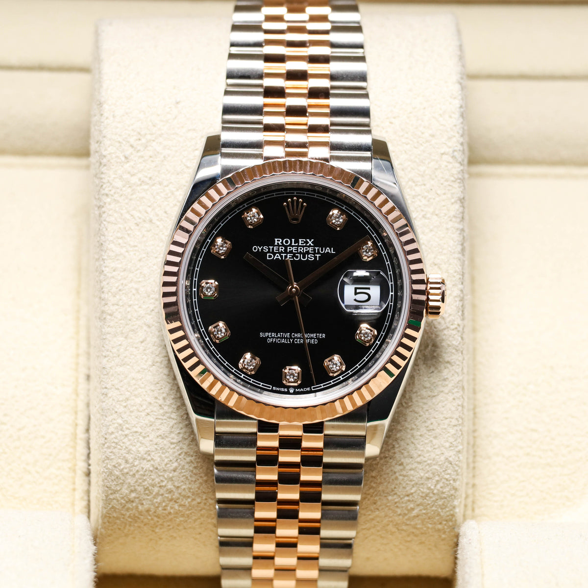 Rolex Datejust 36mm 2025 Complete Set Rose Gold Steel Black Diamond Dial Jubilee Fluted 126231