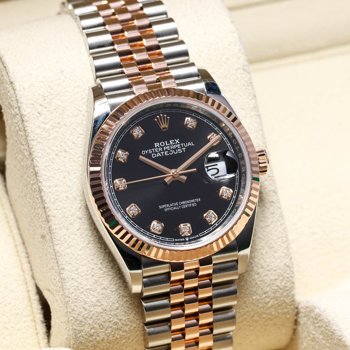 Rolex Datejust 36mm 2025 Complete Set Rose Gold Steel Black Diamond Dial Jubilee Fluted 126231