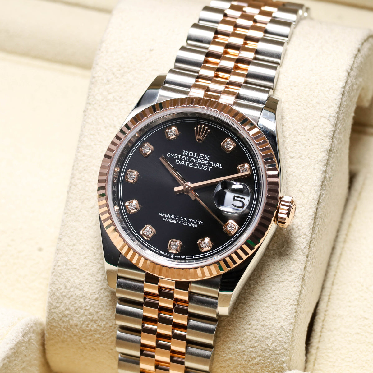 Rolex Datejust 36mm 2025 Complete Set Rose Gold Steel Black Diamond Dial Jubilee Fluted 126231