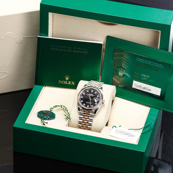 Rolex Datejust 36mm 2025 Complete Set Rose Gold Steel Black Diamond Dial Jubilee Fluted 126231