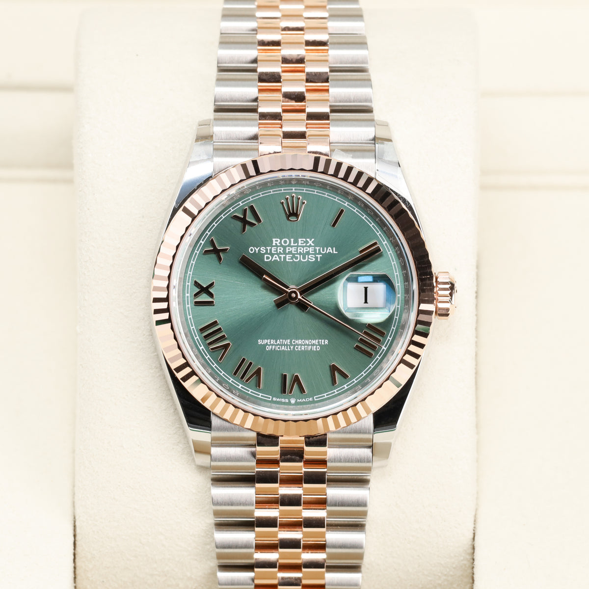 Rolex Datejust 2026 Complete 36mm Oystersteel and 18k Everose Gold Green with Roman Numerals Dial 18k Everose Gold Fluted Bezel  Oystersteel and Everose Gold Jubilee Bracelet 126231