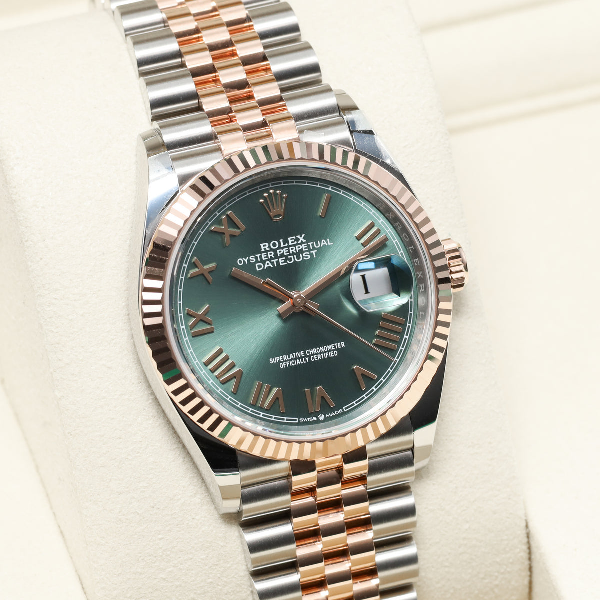 Rolex Datejust 2026 Complete 36mm Oystersteel and 18k Everose Gold Green with Roman Numerals Dial 18k Everose Gold Fluted Bezel  Oystersteel and Everose Gold Jubilee Bracelet 126231