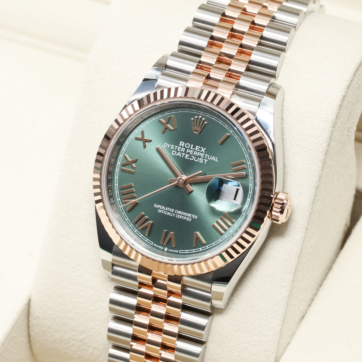Rolex Datejust 2026 Complete 36mm Oystersteel and 18k Everose Gold Green with Roman Numerals Dial 18k Everose Gold Fluted Bezel  Oystersteel and Everose Gold Jubilee Bracelet 126231