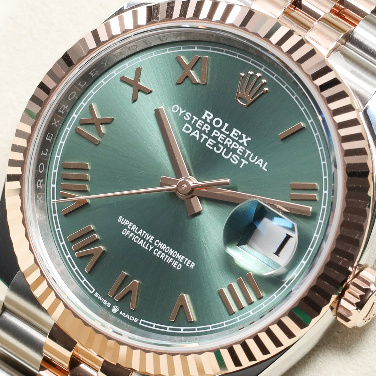 Rolex Datejust 2026 Complete 36mm Oystersteel and 18k Everose Gold Green with Roman Numerals Dial 18k Everose Gold Fluted Bezel  Oystersteel and Everose Gold Jubilee Bracelet 126231