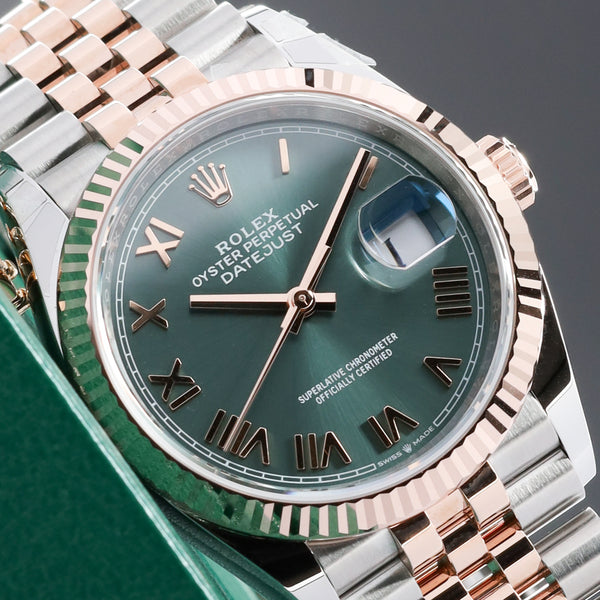 Rolex Datejust 2026 Complete 36mm Oystersteel and 18k Everose Gold Green with Roman Numerals Dial 18k Everose Gold Fluted Bezel  Oystersteel and Everose Gold Jubilee Bracelet 126231