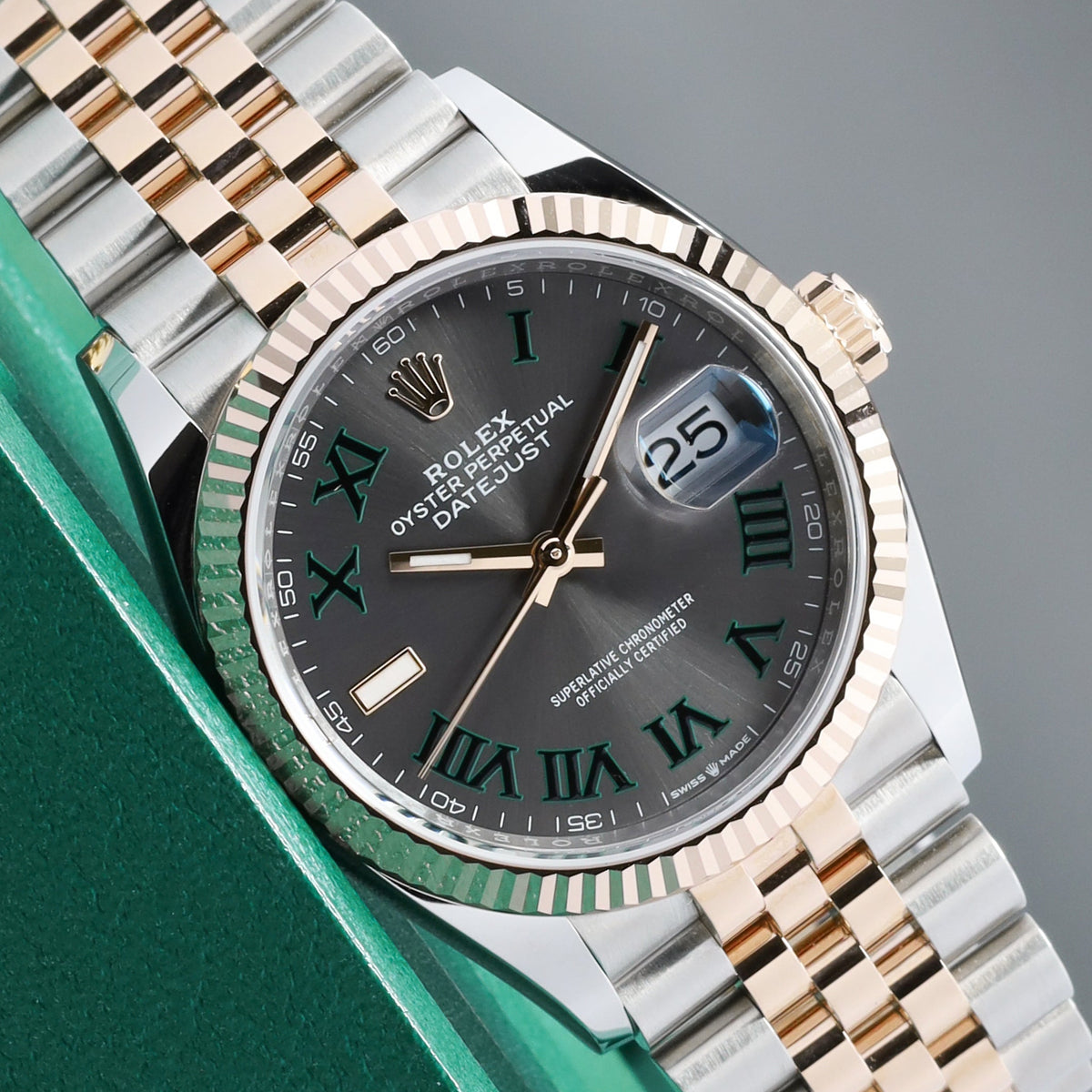 Rolex Datejust 2025 Complete 36mm Oystersteel and Everose Gold Slate Grey Wimbledon Dial Everose Gold Smooth Bezel Two-Tone Jubilee Bracelet 126231