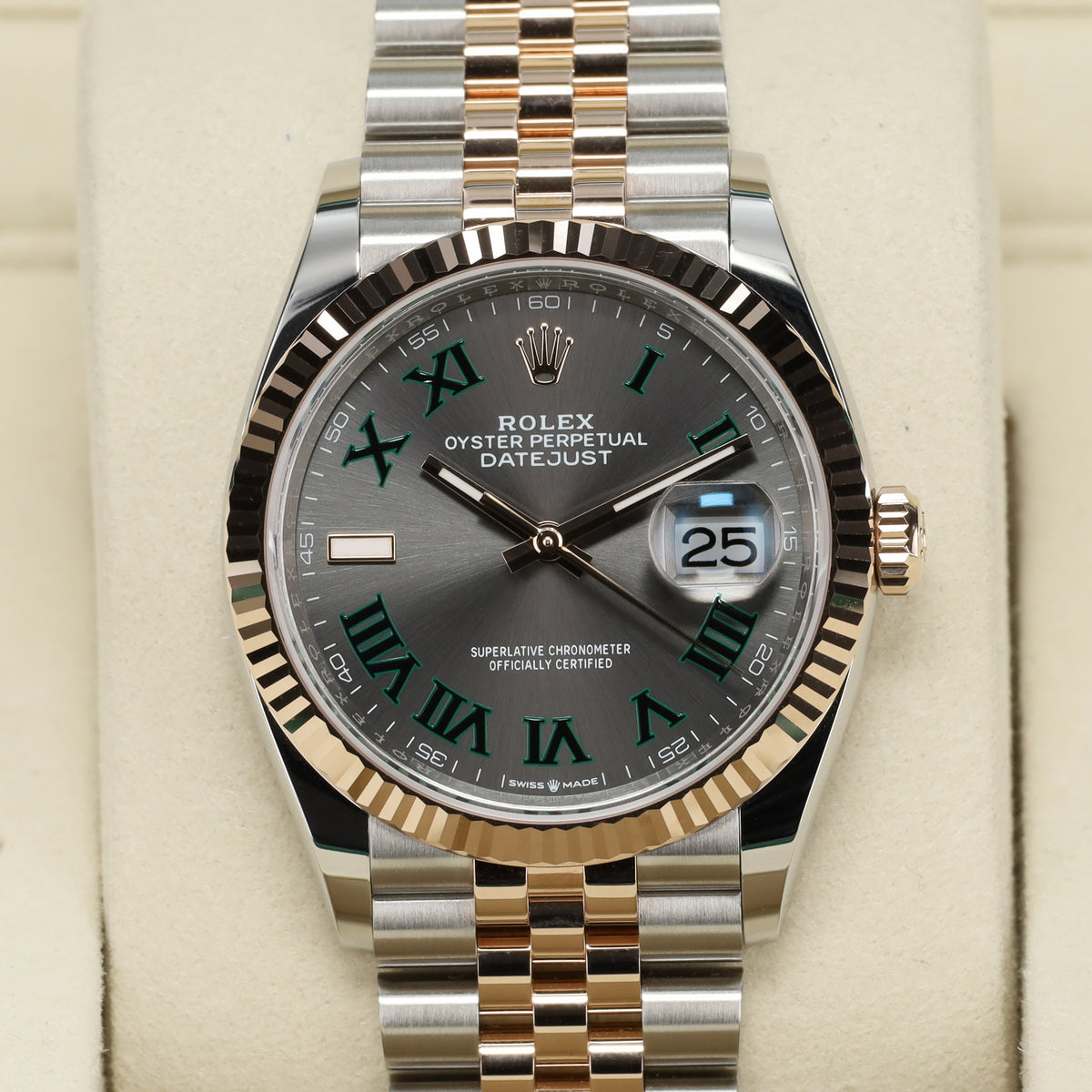 Rolex Datejust 2025 Complete 36mm Oystersteel and Everose Gold Slate Grey Wimbledon Dial Everose Gold Smooth Bezel Two-Tone Jubilee Bracelet 126231