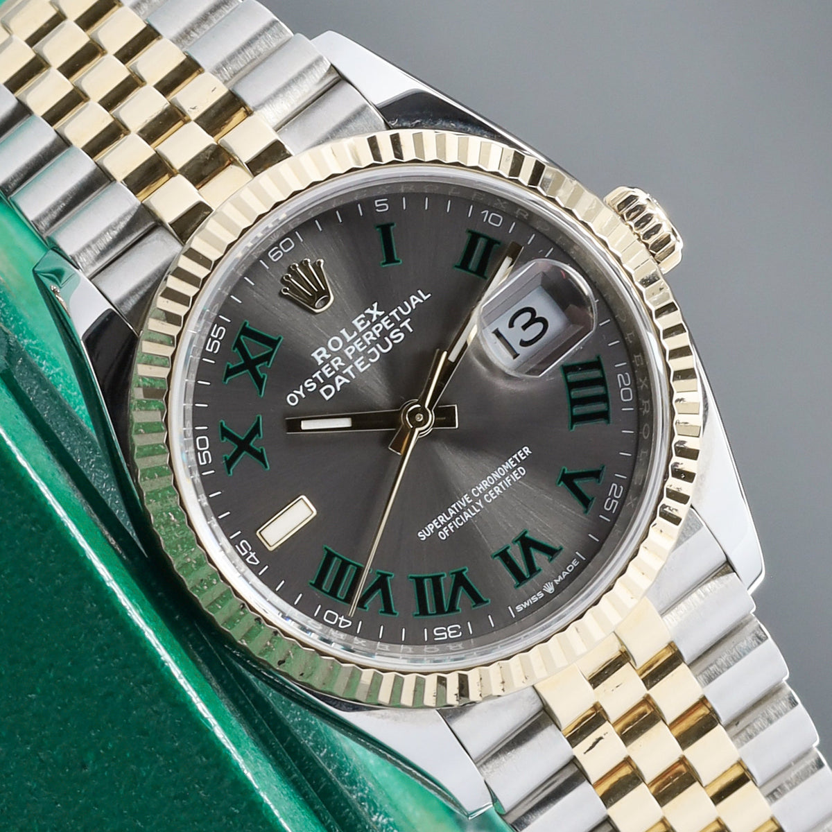 Rolex Datejust Complete 36mm Two Tone Slate Gray Wimbledon Dial Yellow Gold Fluted Bezel Jubilee Bracelet 126233