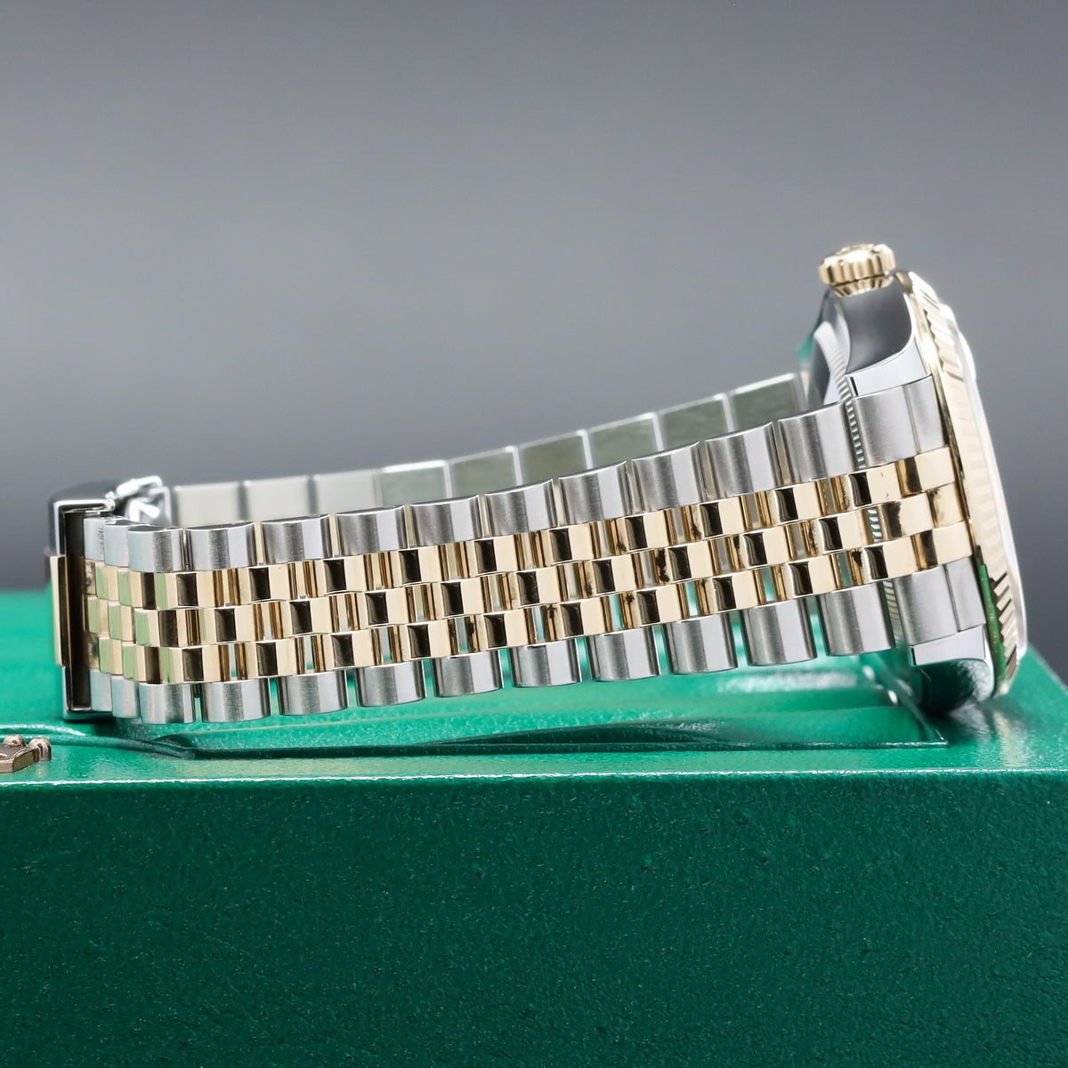 Rolex Datejust Complete 36mm Two Tone Slate Gray Wimbledon Dial Yellow Gold Fluted Bezel Jubilee Bracelet 126233