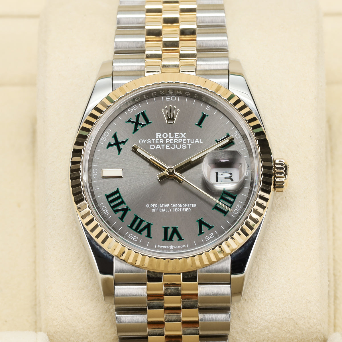Rolex Datejust Complete 36mm Two Tone Slate Gray Wimbledon Dial Yellow Gold Fluted Bezel Jubilee Bracelet 126233