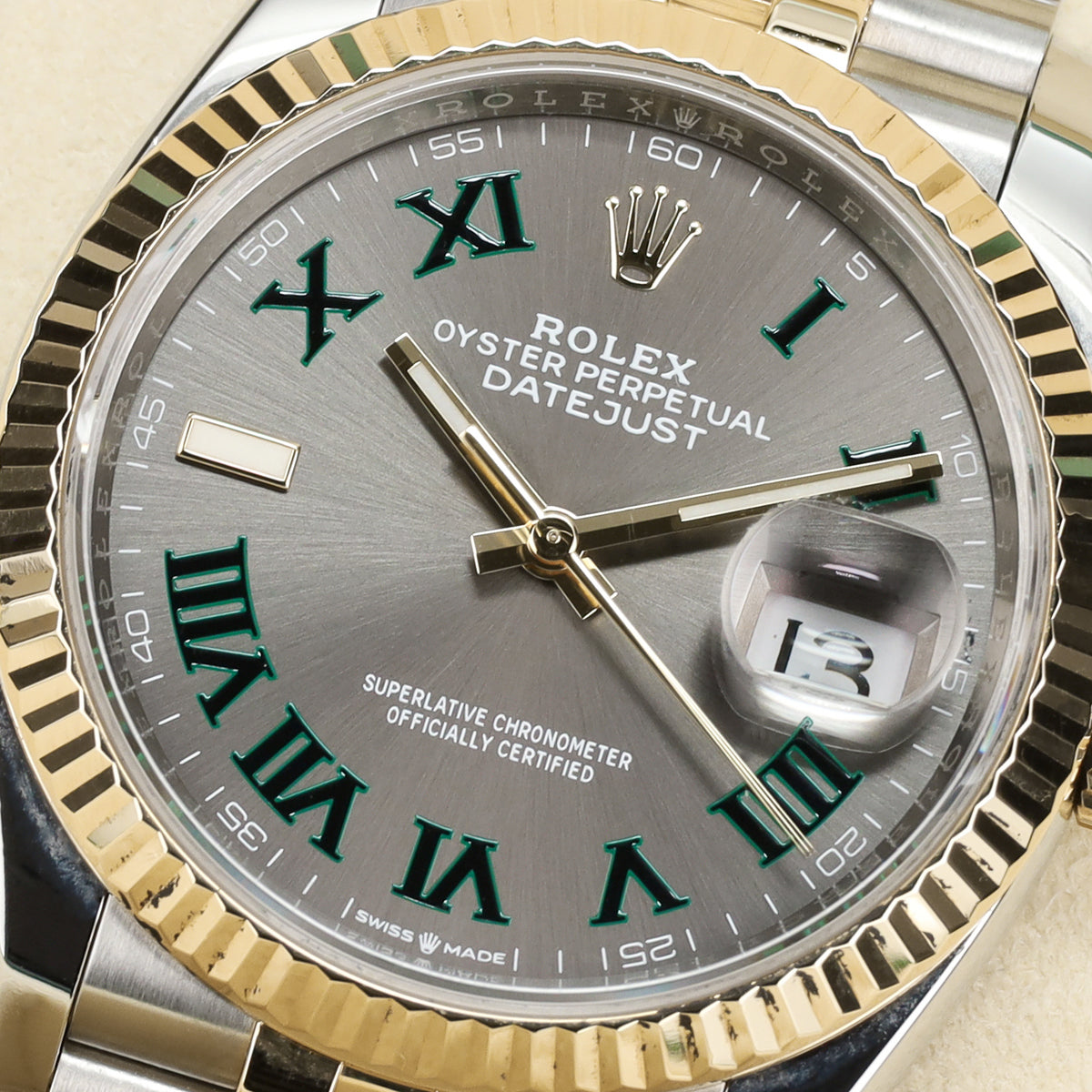 Rolex Datejust Complete 36mm Two Tone Slate Gray Wimbledon Dial Yellow Gold Fluted Bezel Jubilee Bracelet 126233