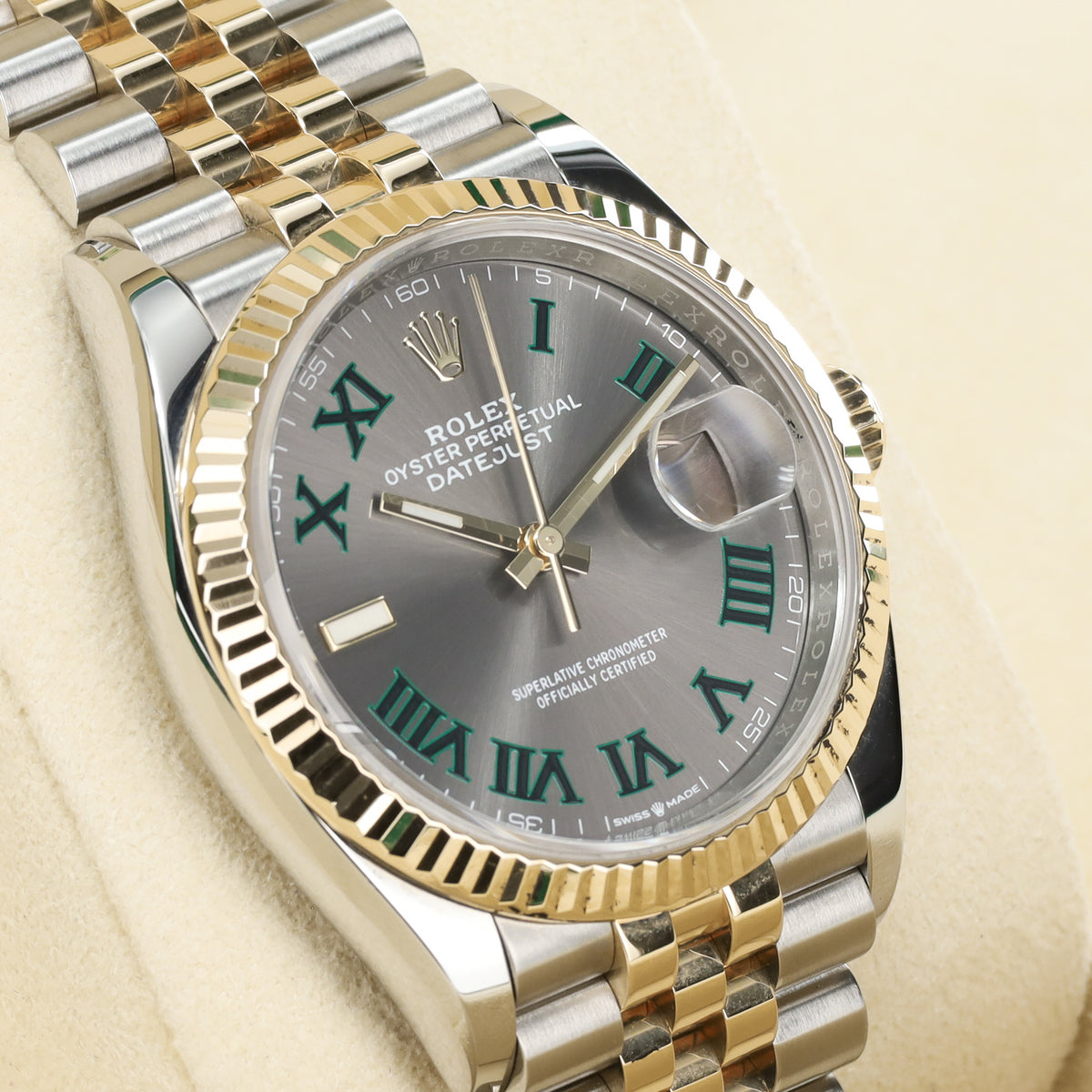 Rolex Datejust Complete 36mm Two Tone Slate Gray Wimbledon Dial Yellow Gold Fluted Bezel Jubilee Bracelet 126233