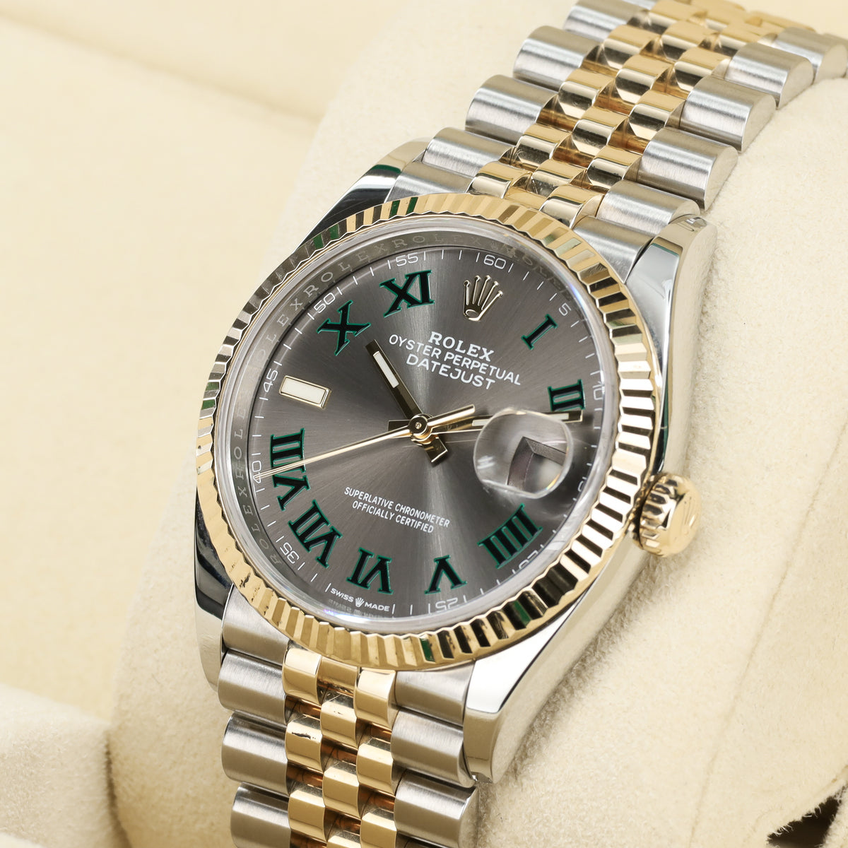 Rolex Datejust Complete 36mm Two Tone Slate Gray Wimbledon Dial Yellow Gold Fluted Bezel Jubilee Bracelet 126233