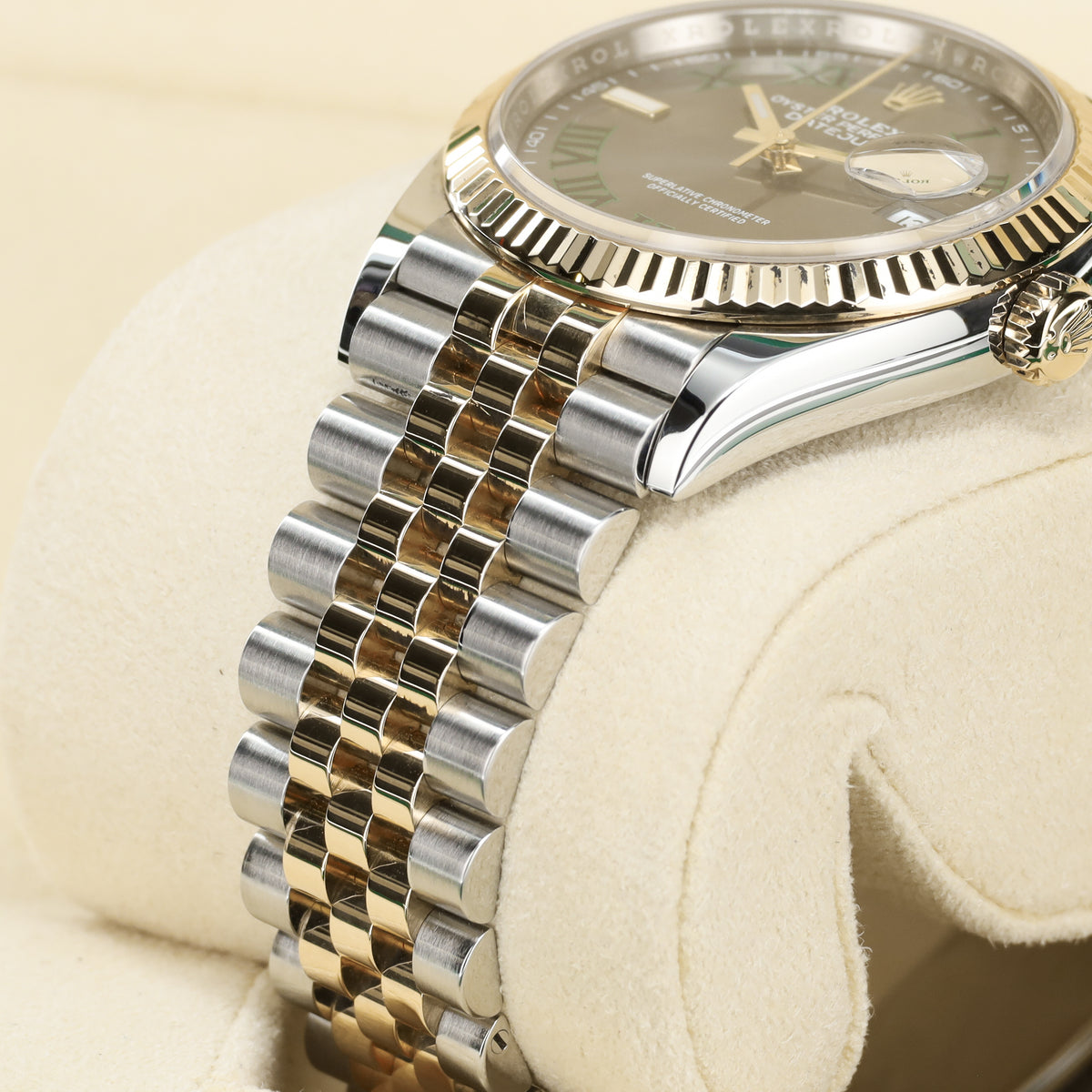 Rolex Datejust Complete 36mm Two Tone Slate Gray Wimbledon Dial Yellow Gold Fluted Bezel Jubilee Bracelet 126233