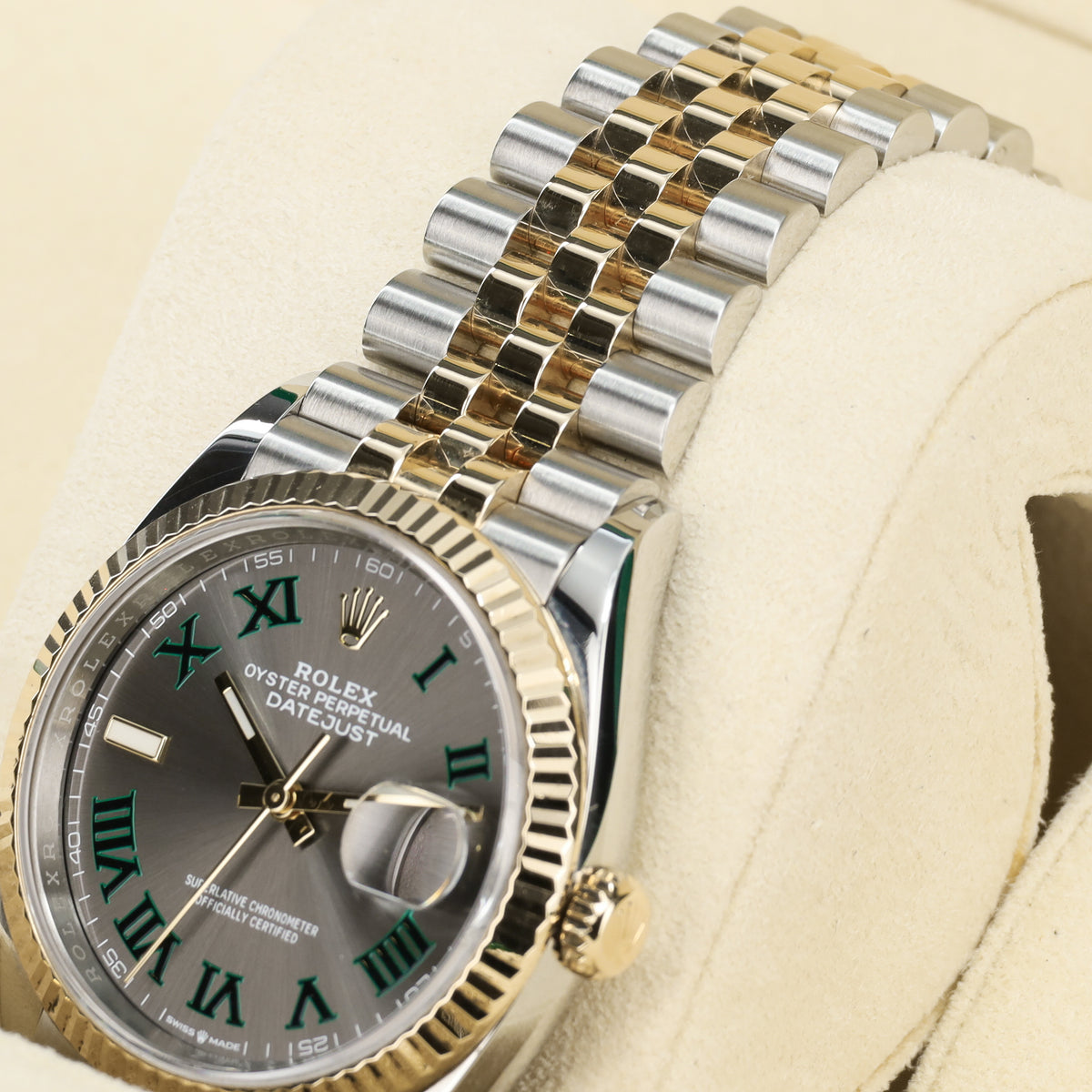 Rolex Datejust Complete 36mm Two Tone Slate Gray Wimbledon Dial Yellow Gold Fluted Bezel Jubilee Bracelet 126233