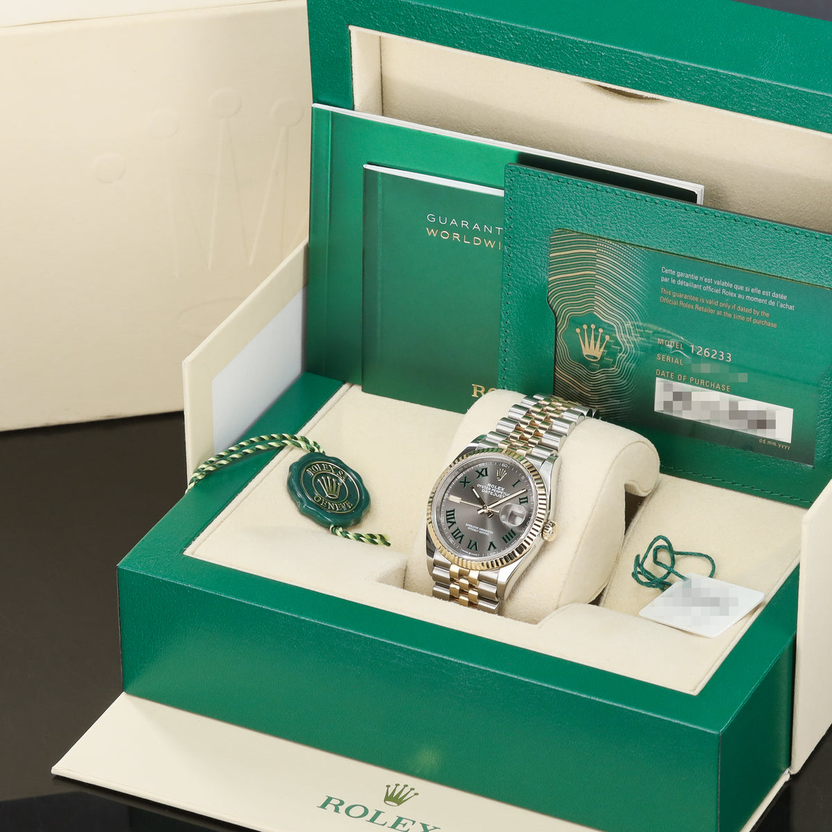 Rolex Datejust Complete 36mm Two Tone Slate Gray Wimbledon Dial Yellow Gold Fluted Bezel Jubilee Bracelet 126233