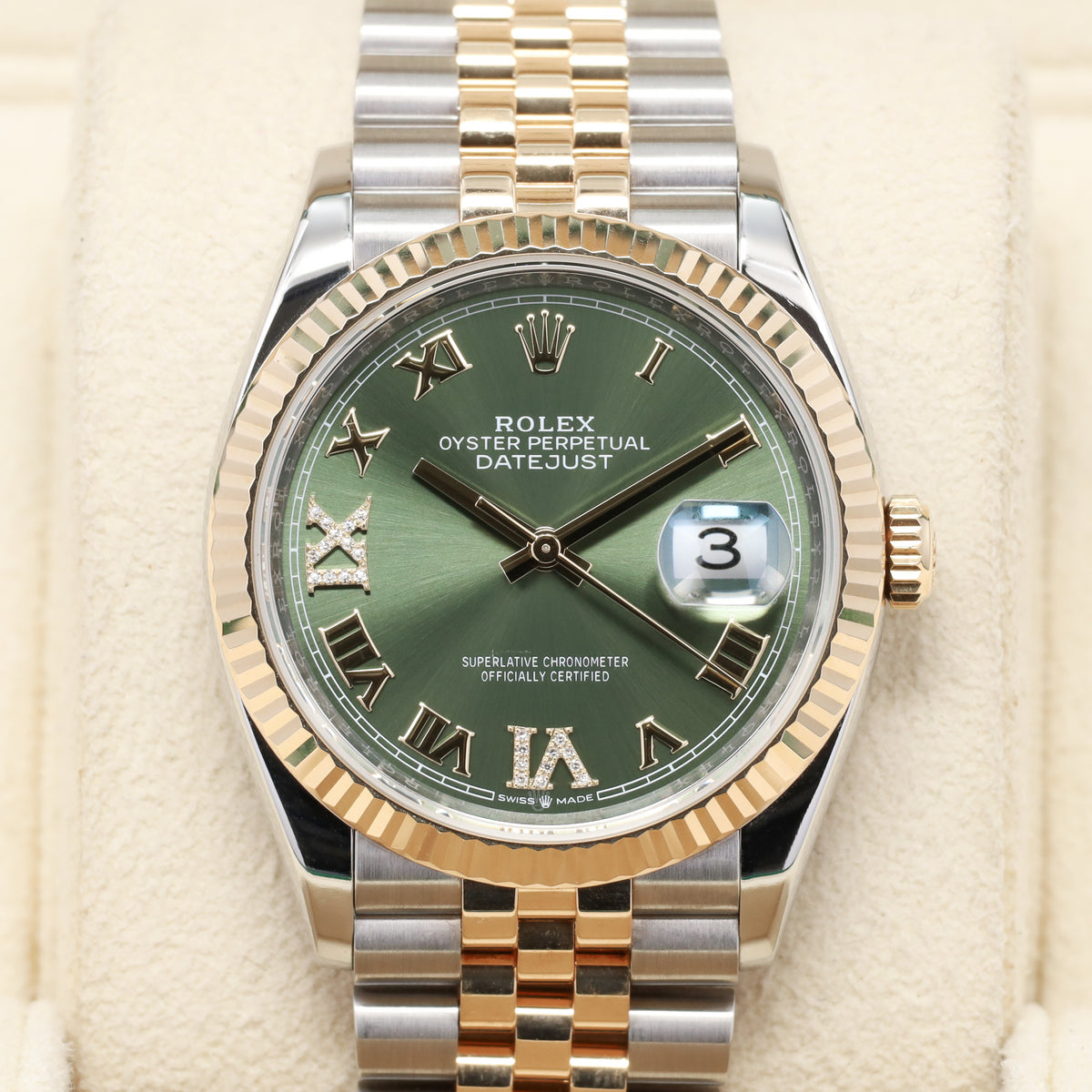 Rolex Datejust 2022 Complete 36mm Oystersteel and 18k Yellow Gold Olive Green with Diamond-Set Roman Numerals Dial 18k Yellow Gold Fluted Bezel Oystersteel and 18k Yellow Gold Jubilee Bracelet with Oysterclasp and Easylink Extension 126233