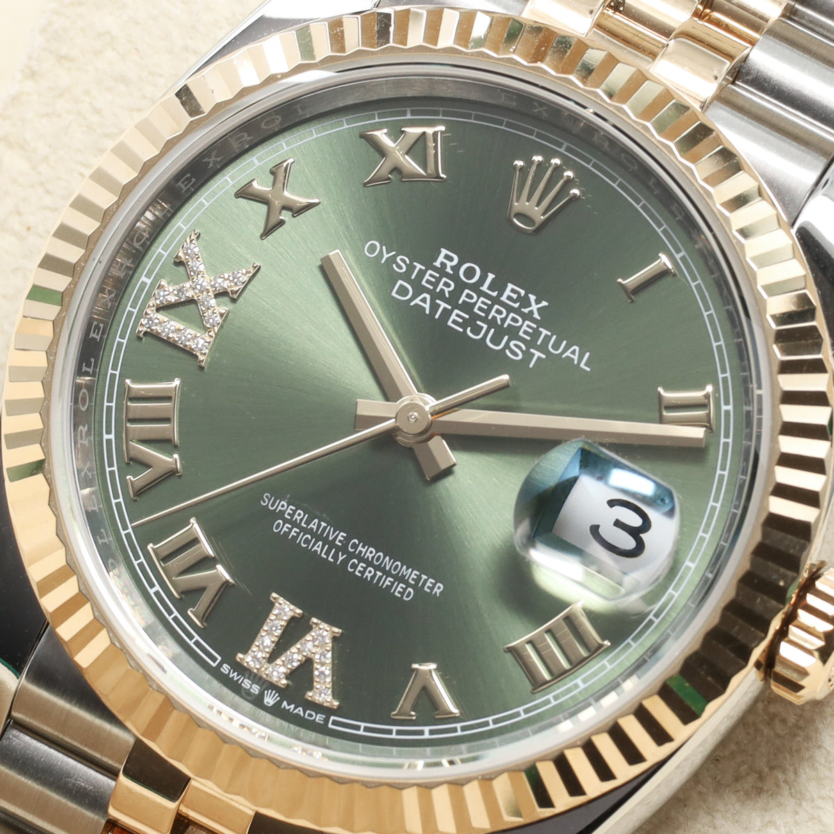 Rolex Datejust 2022 Complete 36mm Oystersteel and 18k Yellow Gold Olive Green with Diamond-Set Roman Numerals Dial 18k Yellow Gold Fluted Bezel Oystersteel and 18k Yellow Gold Jubilee Bracelet with Oysterclasp and Easylink Extension 126233
