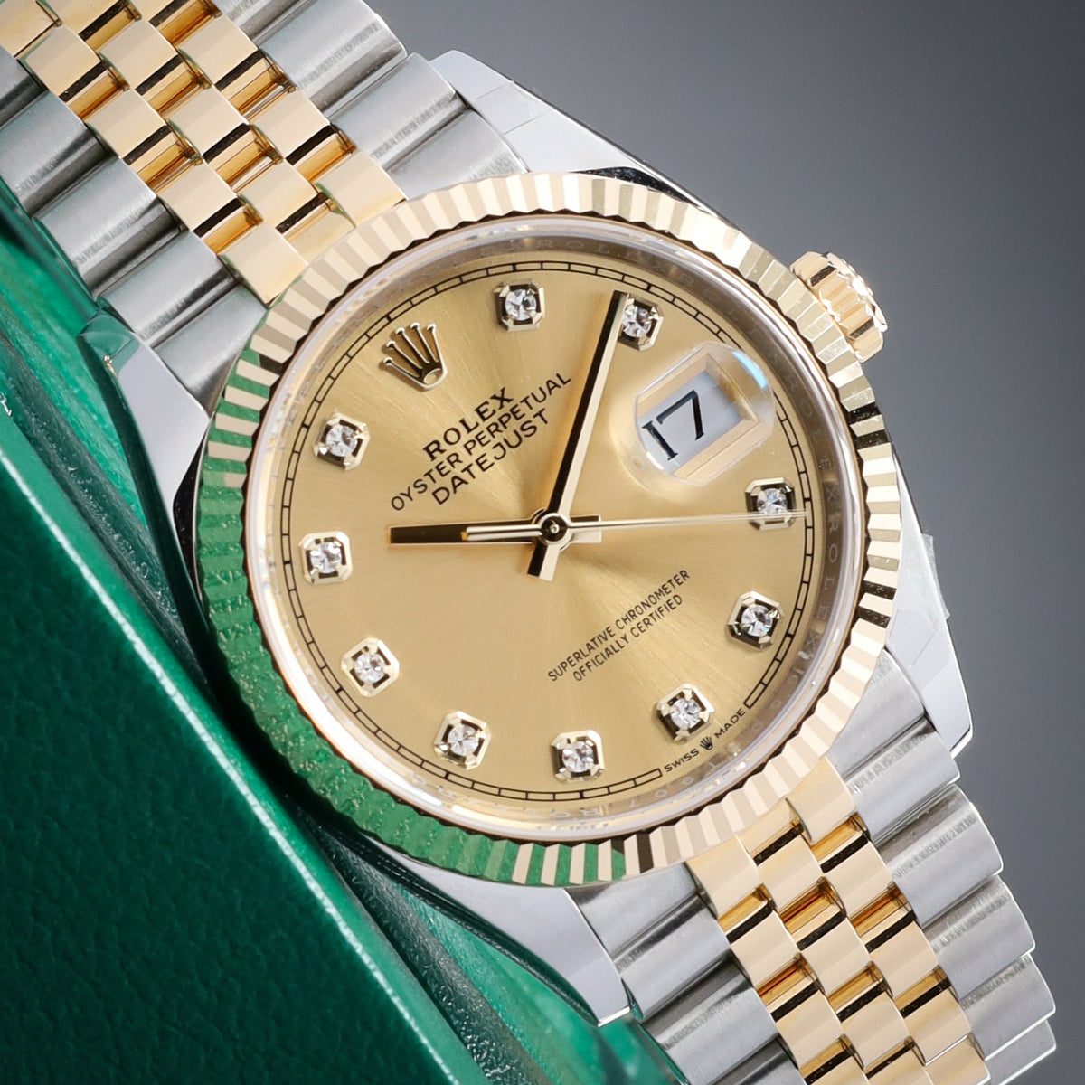 Rolex Datejust 36 36mm 2024 Complete Two Tone Champagne Diamond Dial Fluted Bezel Jubilee 18k Yellow Gold Steel 126233