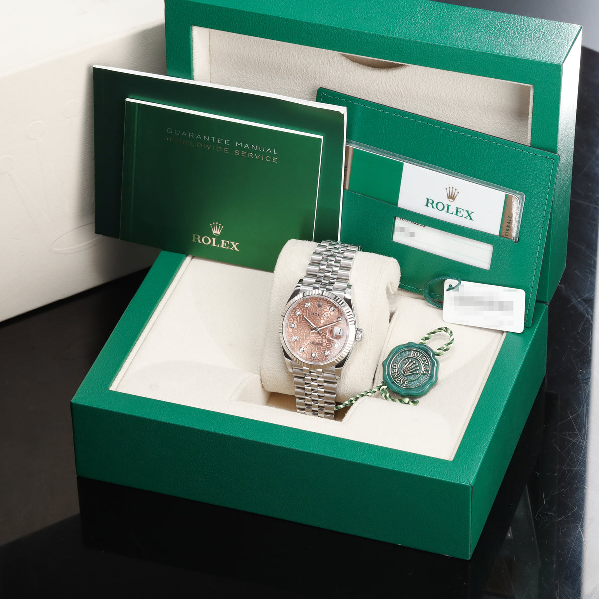 Rolex Datejust 2019 Complete 36mm Oystersteel Pink Diamond Jubilee-Motif Dial 18k White Gold Fluted Bezel Oystersteel Jubilee Bracelet with Oysterclasp and Easylink Extension 126234