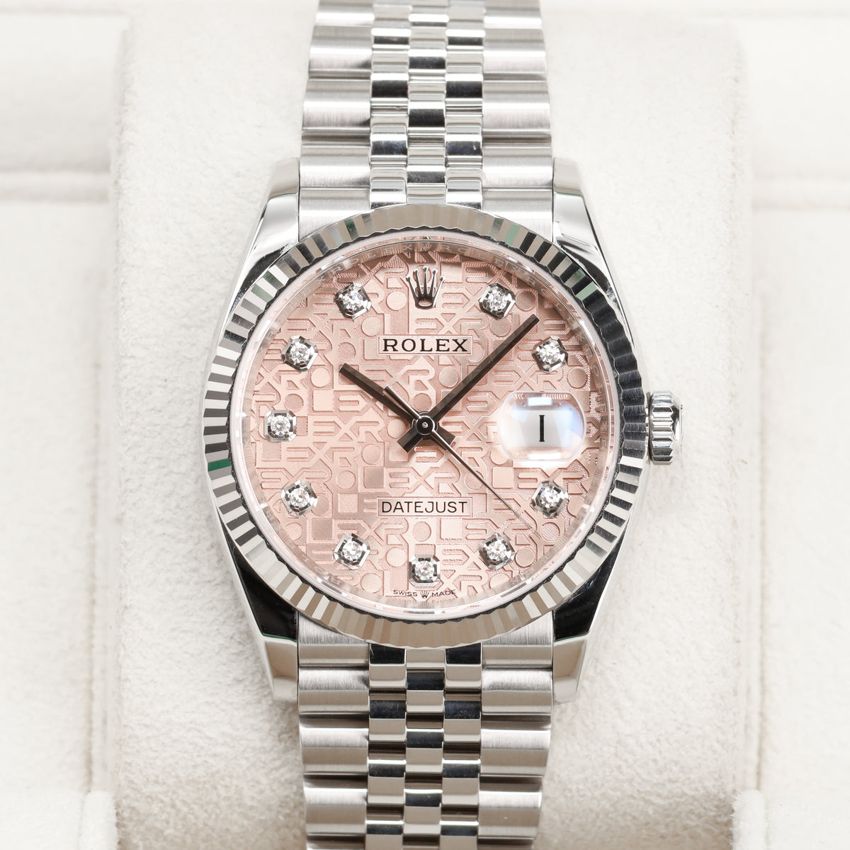 Rolex Datejust 2019 Complete 36mm Oystersteel Pink Diamond Jubilee-Motif Dial 18k White Gold Fluted Bezel Oystersteel Jubilee Bracelet with Oysterclasp and Easylink Extension 126234