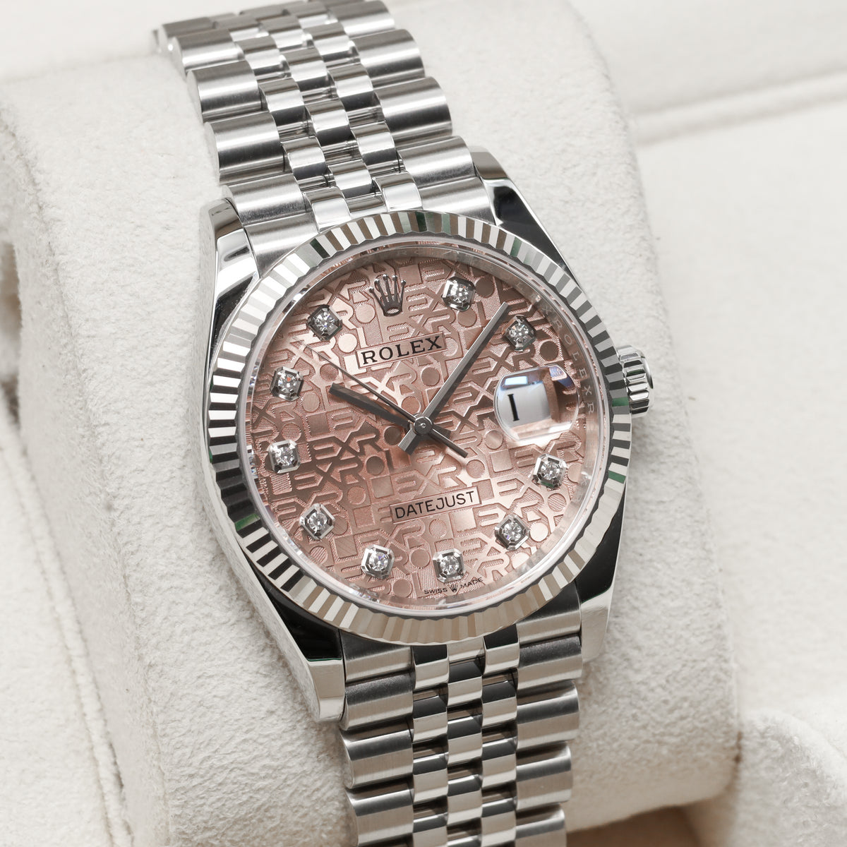 Rolex Datejust 2019 Complete 36mm Oystersteel Pink Diamond Jubilee-Motif Dial 18k White Gold Fluted Bezel Oystersteel Jubilee Bracelet with Oysterclasp and Easylink Extension 126234