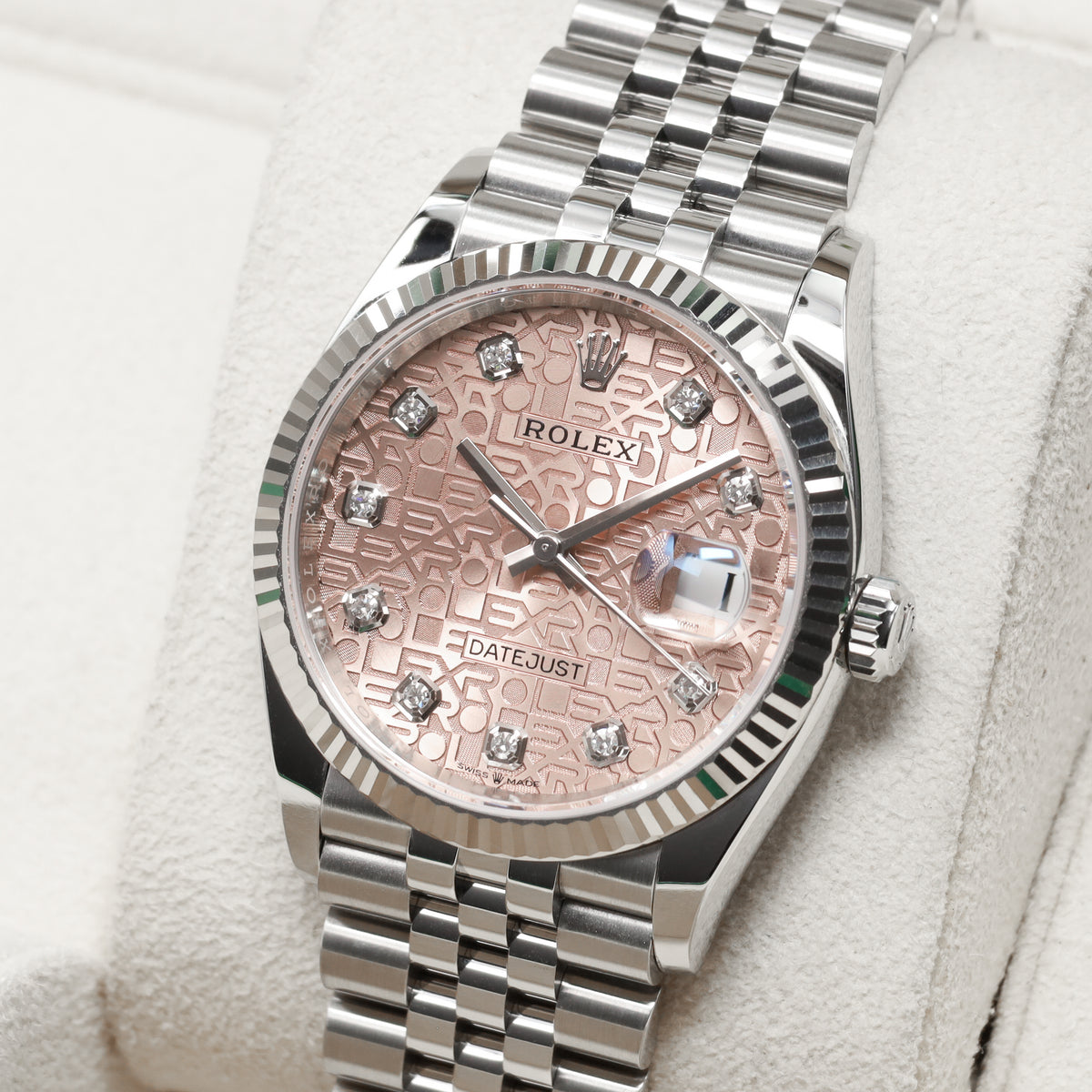 Rolex Datejust 2019 Complete 36mm Oystersteel Pink Diamond Jubilee-Motif Dial 18k White Gold Fluted Bezel Oystersteel Jubilee Bracelet with Oysterclasp and Easylink Extension 126234