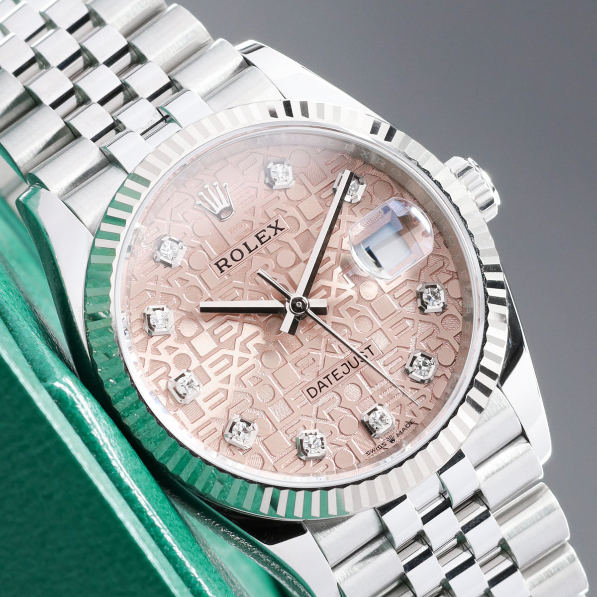 Rolex Datejust 2019 Complete 36mm Oystersteel Pink Diamond Jubilee-Motif Dial 18k White Gold Fluted Bezel Oystersteel Jubilee Bracelet with Oysterclasp and Easylink Extension 126234