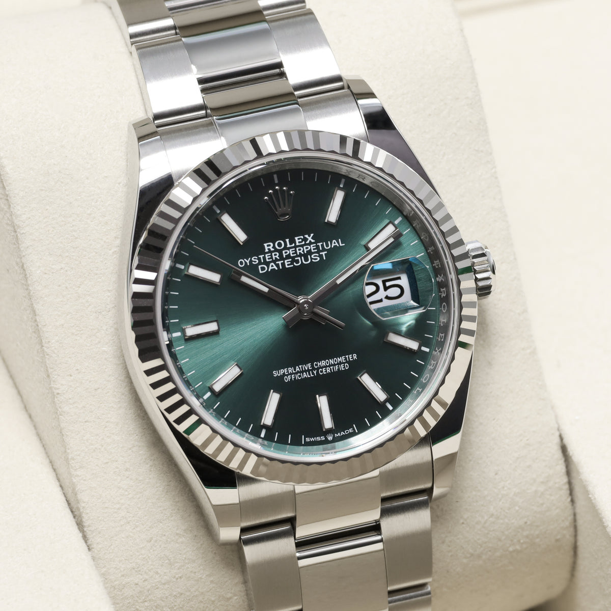 Rolex Datejust 2026 Complete 36mm Oystersteel and 18k White Gold Green Dial 18k White Gold Fluted Bezel Oystersteel Oyster Bracelet with Oysterclasp and Easylink Extension 126234