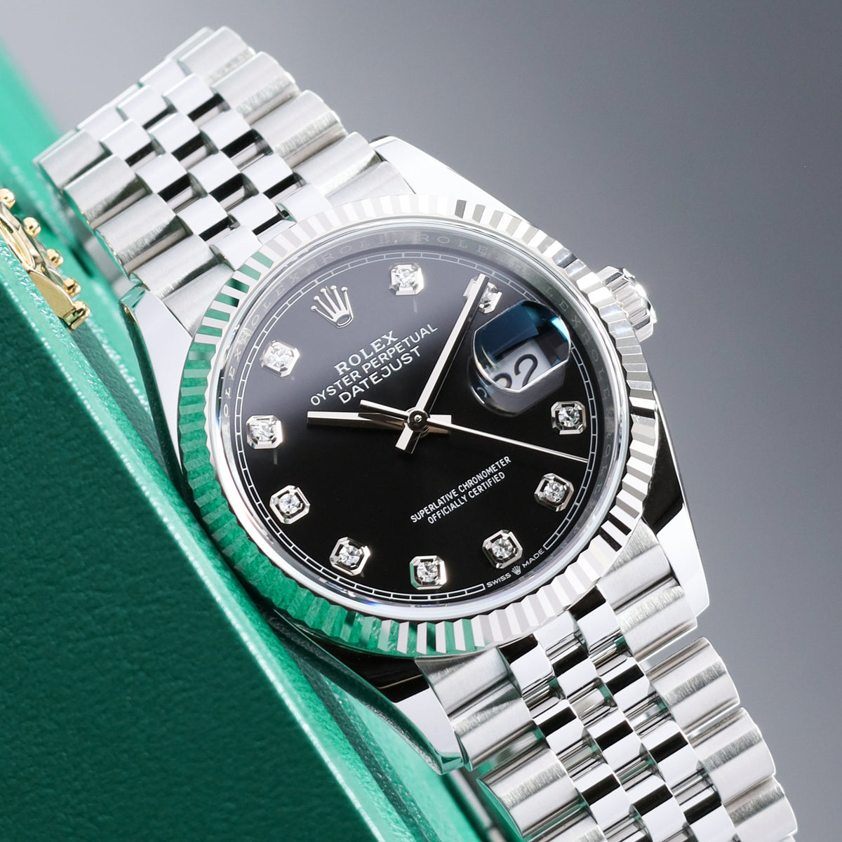 Rolex Datejust 2026 Complete 36mm Stainless Steel Black Diamond Dial Gold Fluted Bezel Jubilee Bracelet 126234