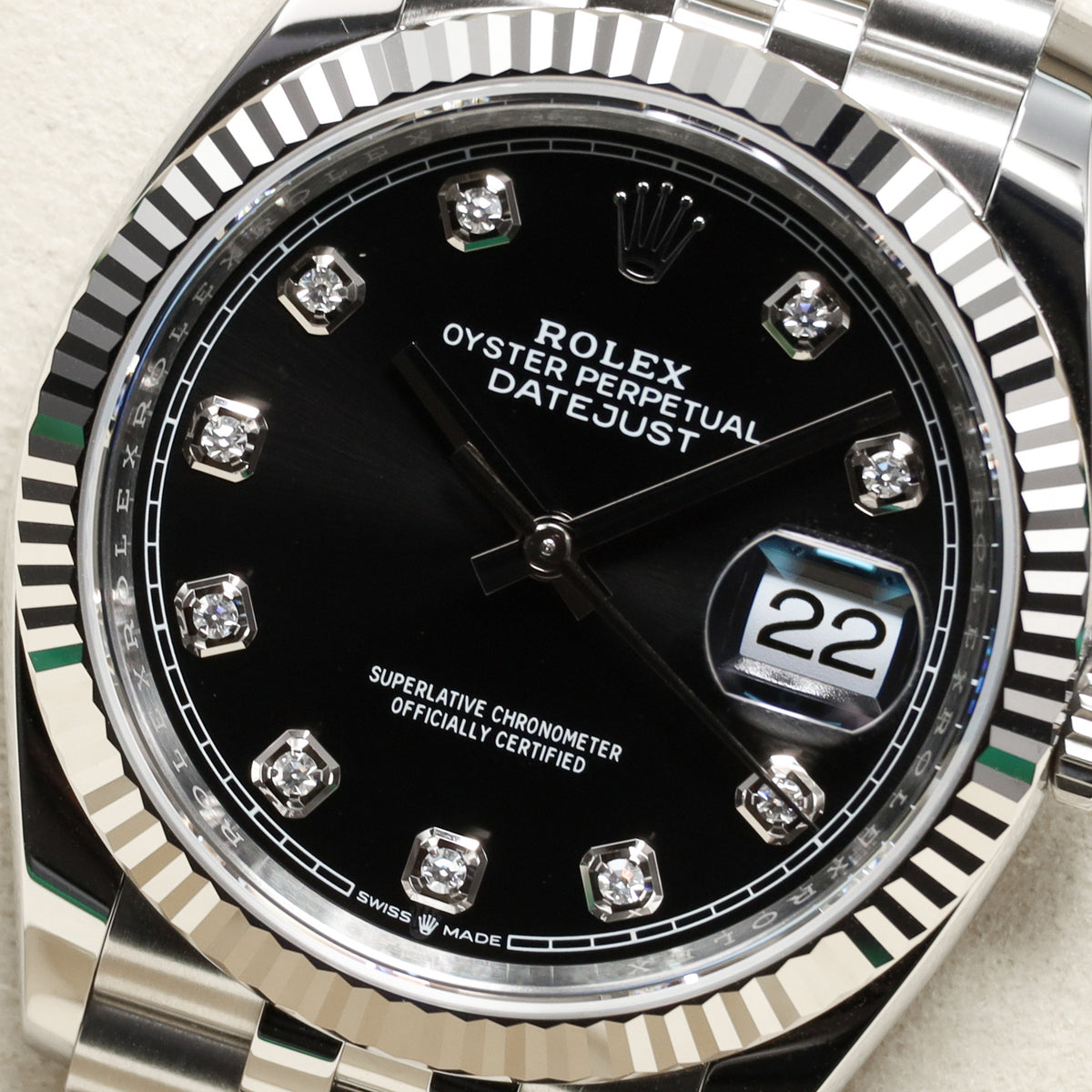 Rolex Datejust 2026 Complete 36mm Stainless Steel Black Diamond Dial Gold Fluted Bezel Jubilee Bracelet 126234