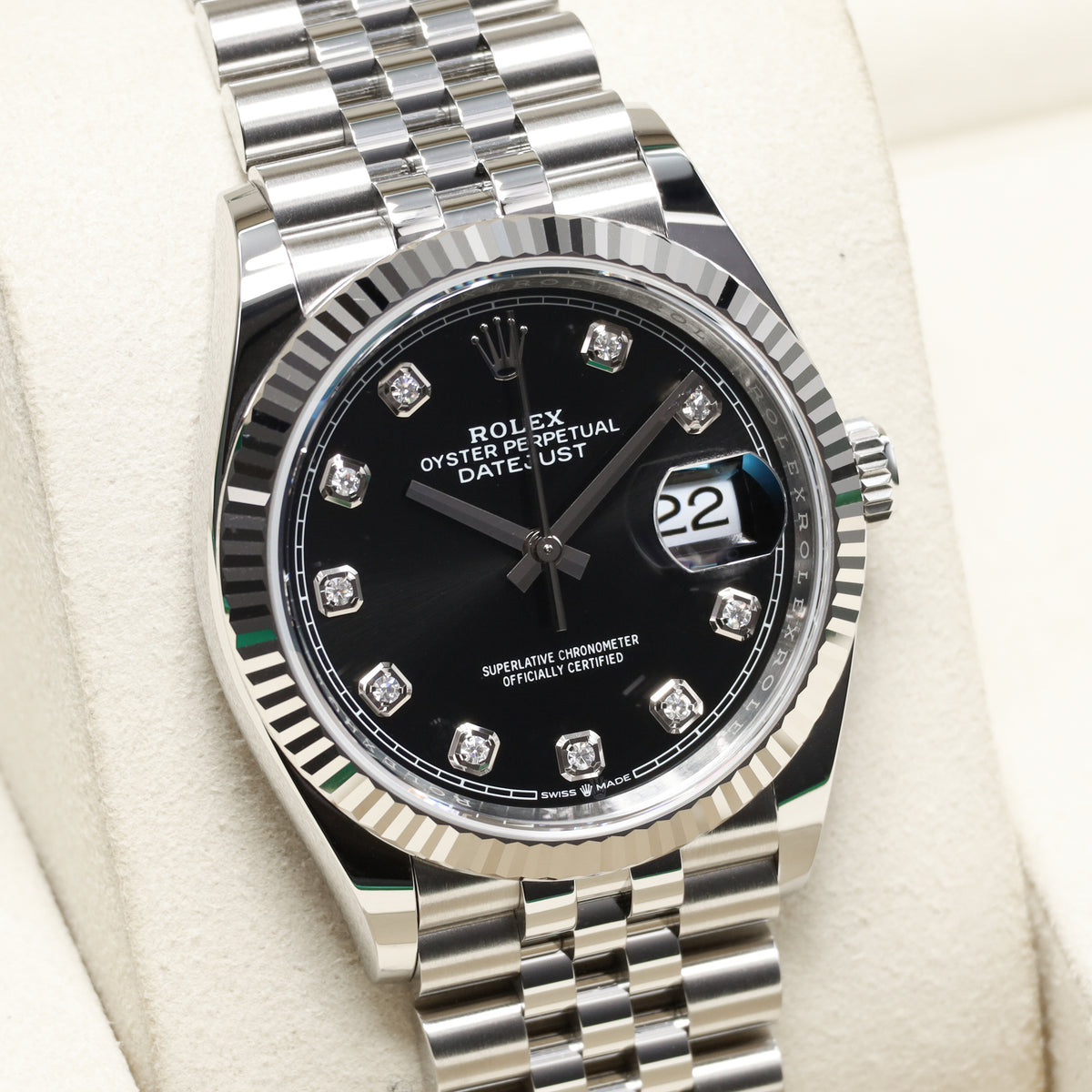 Rolex Datejust 2026 Complete 36mm Stainless Steel Black Diamond Dial Gold Fluted Bezel Jubilee Bracelet 126234