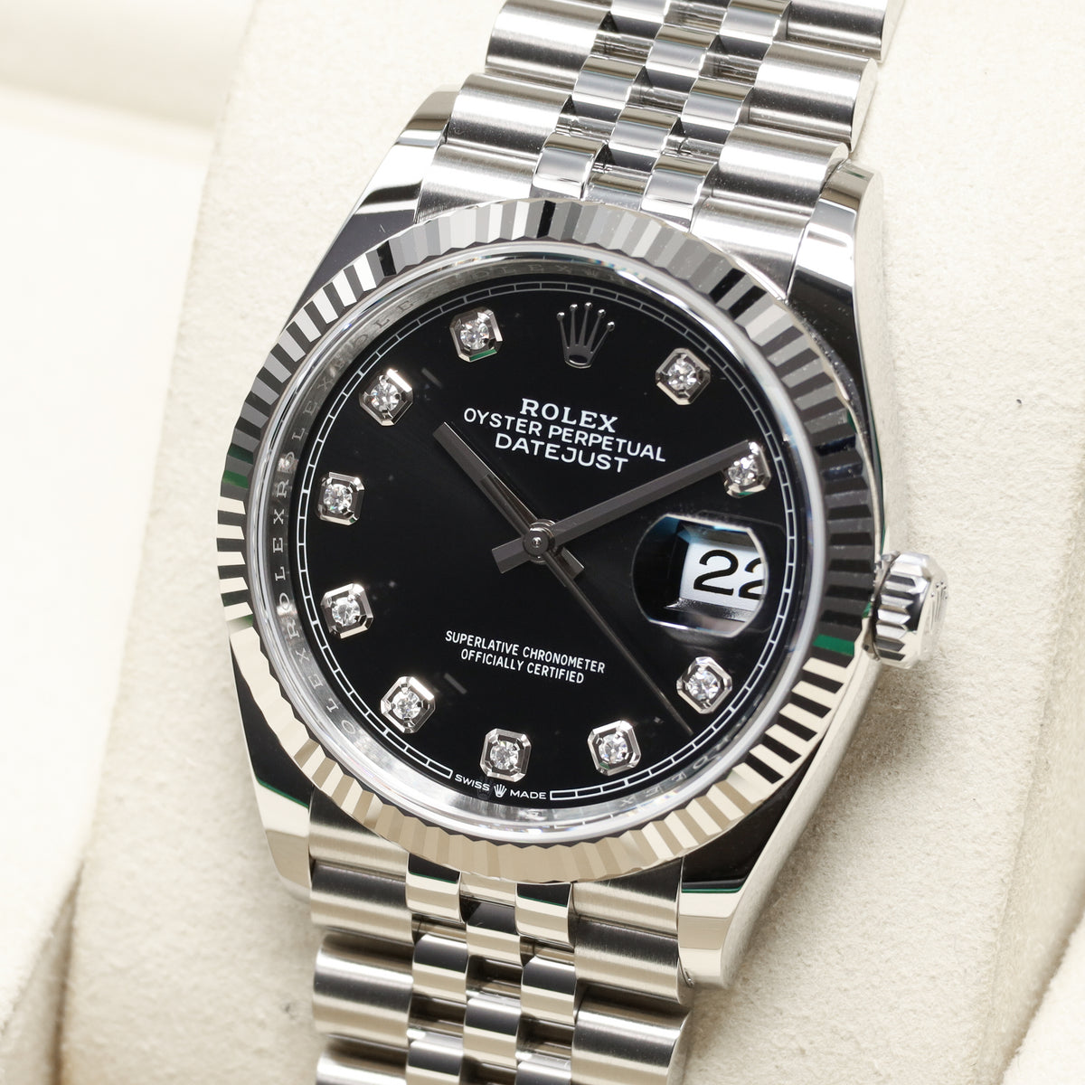 Rolex Datejust 2026 Complete 36mm Stainless Steel Black Diamond Dial Gold Fluted Bezel Jubilee Bracelet 126234