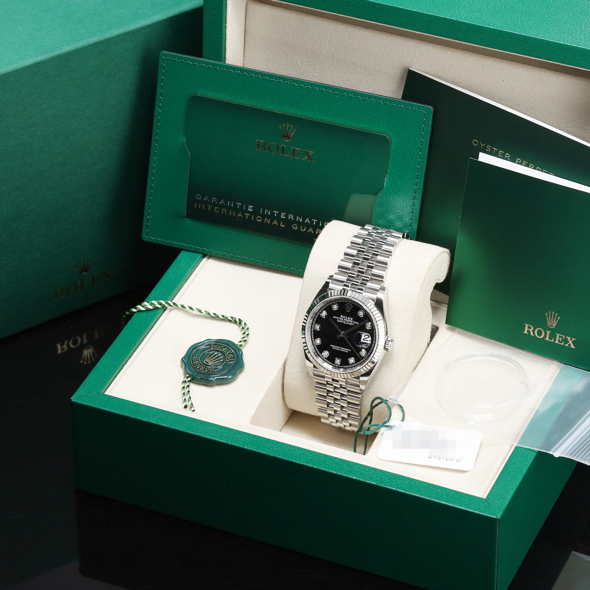 Rolex Datejust 2026 Complete 36mm Stainless Steel Black Diamond Dial Gold Fluted Bezel Jubilee Bracelet 126234