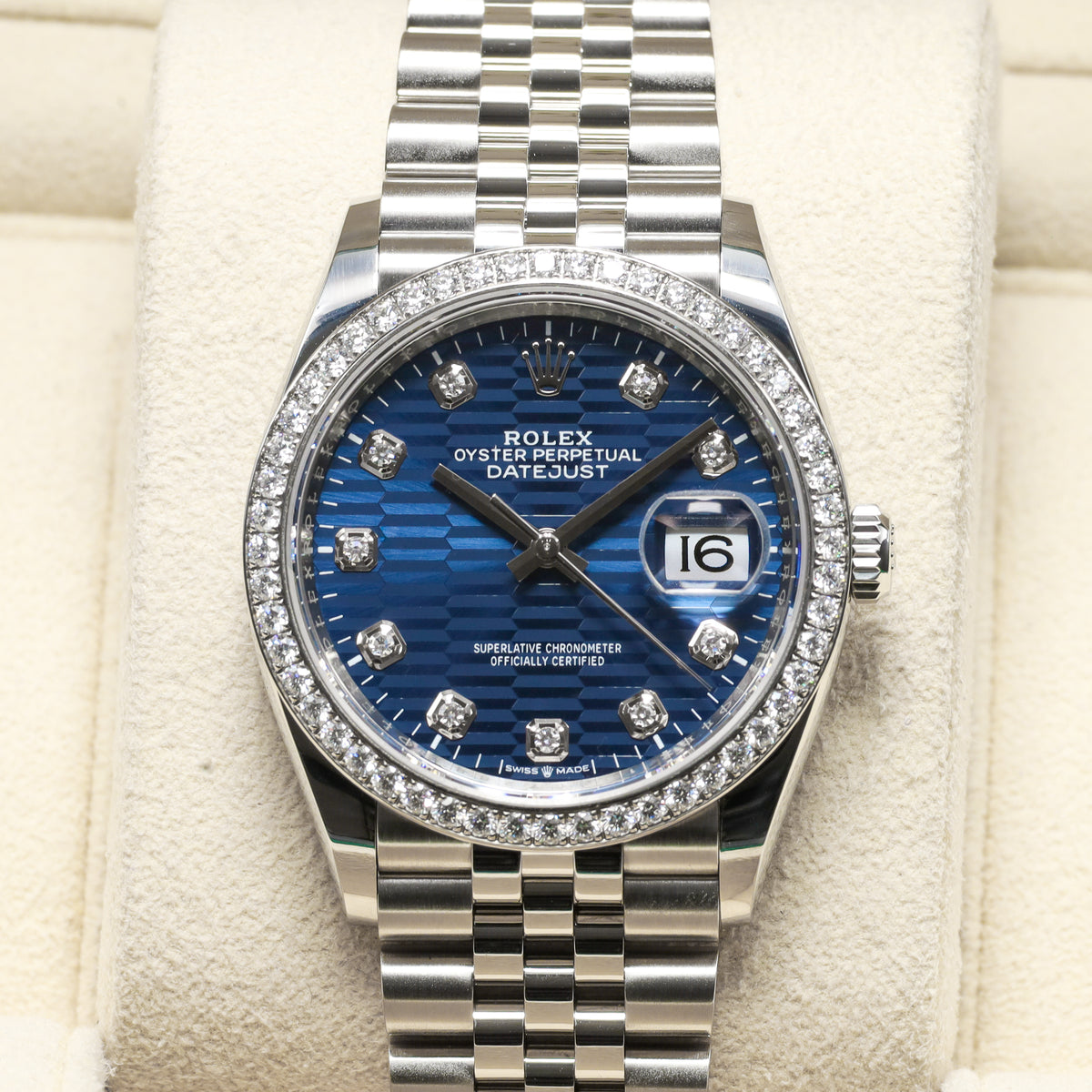 Rolex Datejust 2025 36mm Oystersteel Blue Motif Dial Diamonds Bezel Jubilee 126284RBR