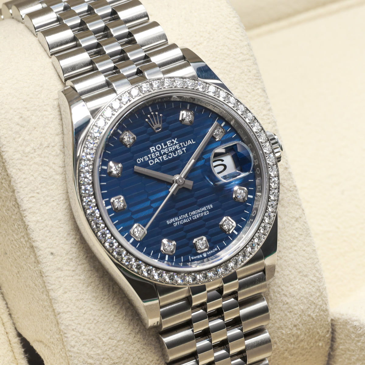 Rolex Datejust 2025 36mm Oystersteel Blue Motif Dial Diamonds Bezel Jubilee 126284RBR