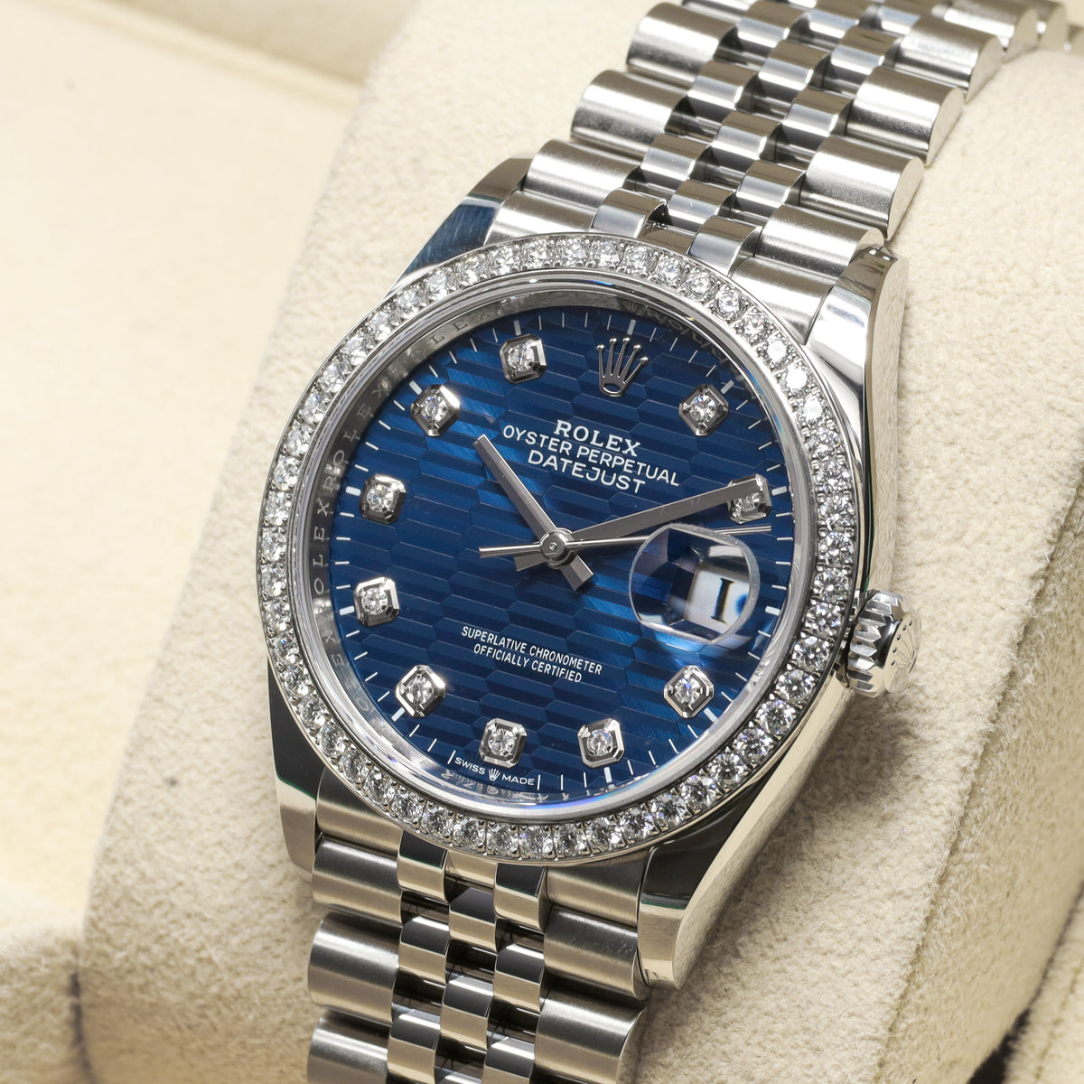 Rolex Datejust 2025 36mm Oystersteel Blue Motif Dial Diamonds Bezel Jubilee 126284RBR