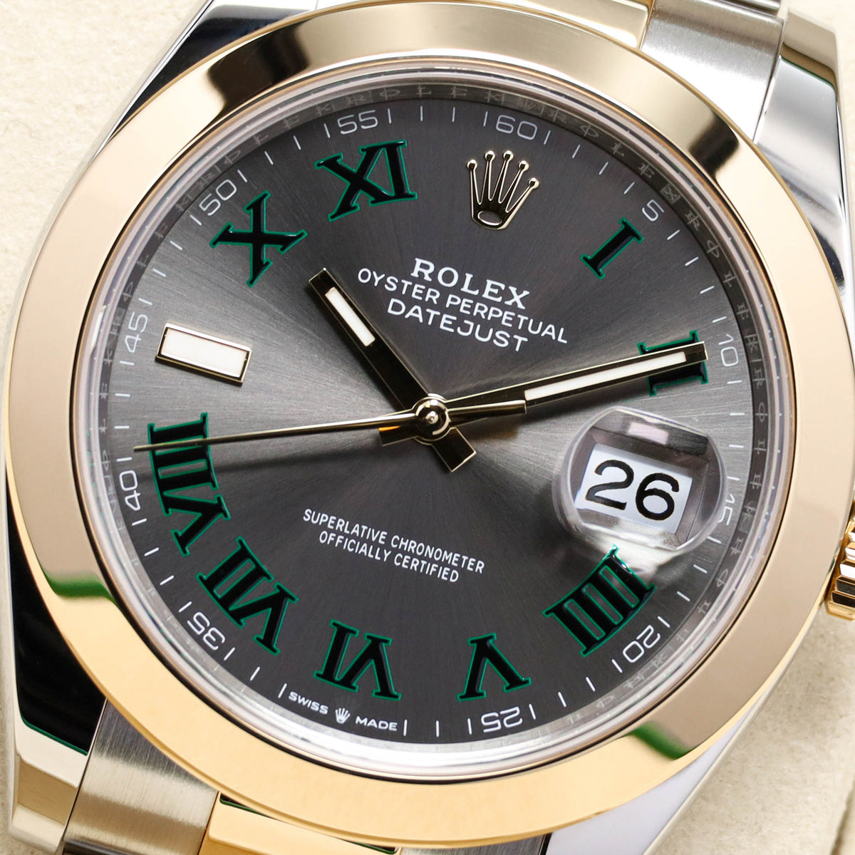Rolex Datejust 2025 Complete 41mm Oystersteel Two Tone Slate Wimbledon Green Roman Numerals Smooth Yellow Gold Bezel Oyster Bracelet 126303