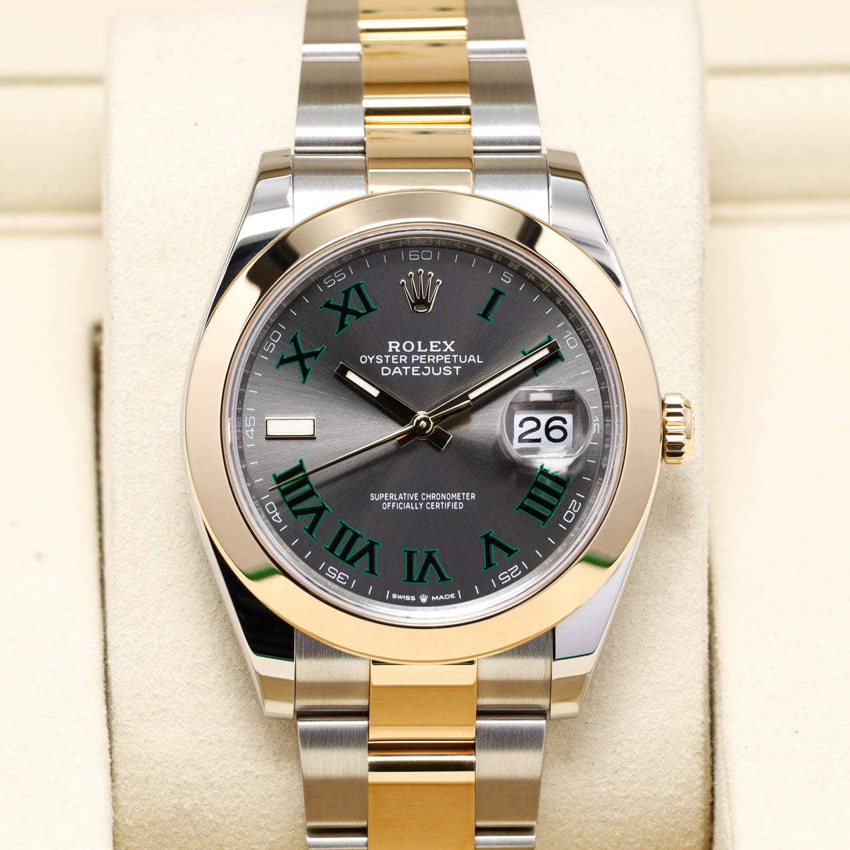 Rolex Datejust 2025 Complete 41mm Oystersteel Two Tone Slate Wimbledon Green Roman Numerals Smooth Yellow Gold Bezel Oyster Bracelet 126303