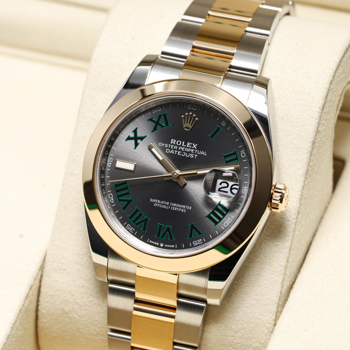 Rolex Datejust 2025 Complete 41mm Oystersteel Two Tone Slate Wimbledon Green Roman Numerals Smooth Yellow Gold Bezel Oyster Bracelet 126303
