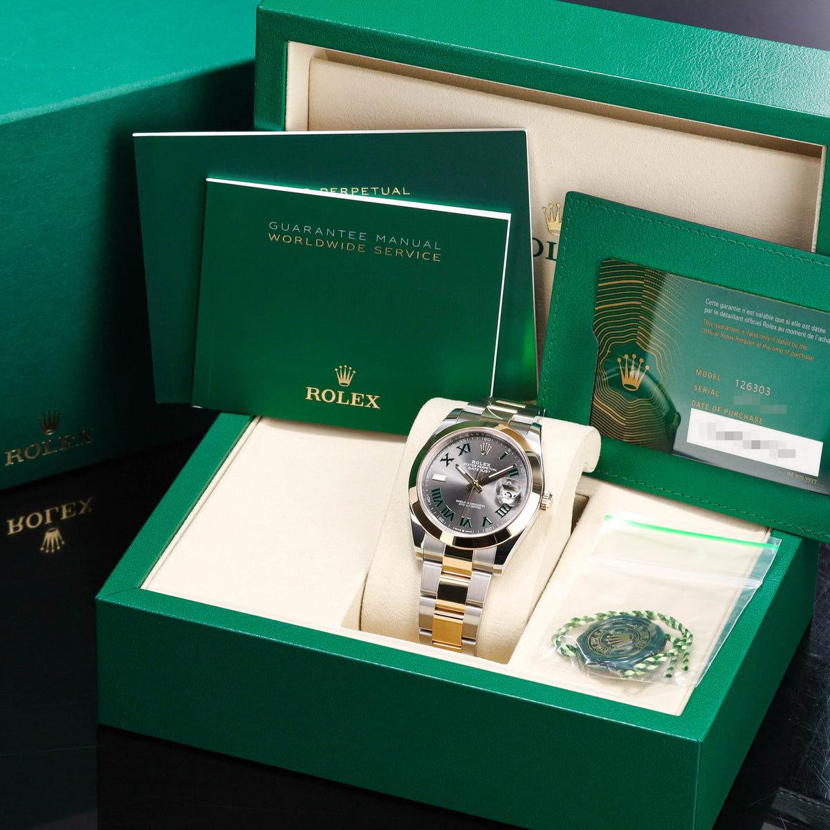 Rolex Datejust 2025 Complete 41mm Oystersteel Two Tone Slate Wimbledon Green Roman Numerals Smooth Yellow Gold Bezel Oyster Bracelet 126303
