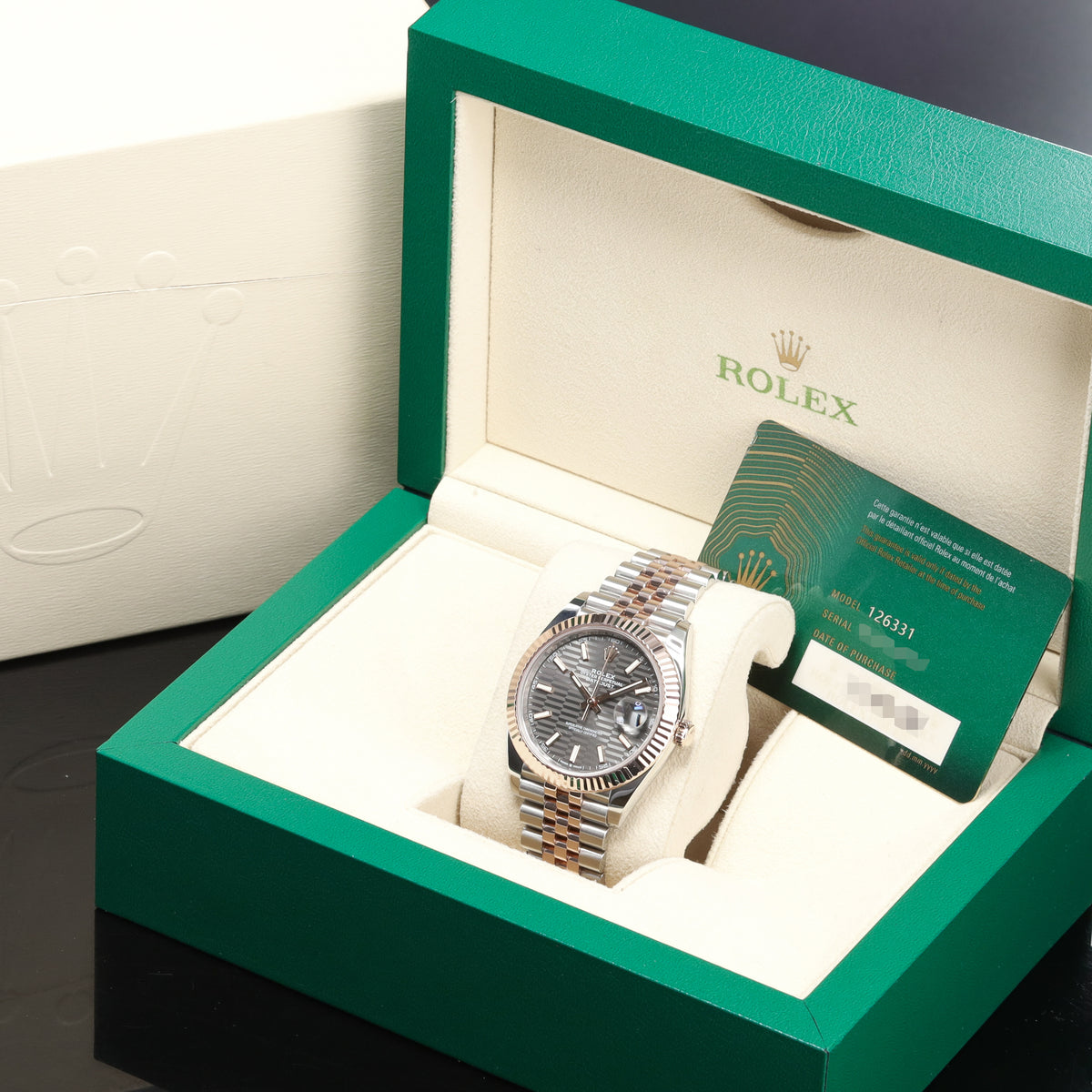 Rolex Datejust 2023 40mm Oystersteel Everose gold Grey motif Dial Everose Fluted Bezel Jubilee Bracelet 126331