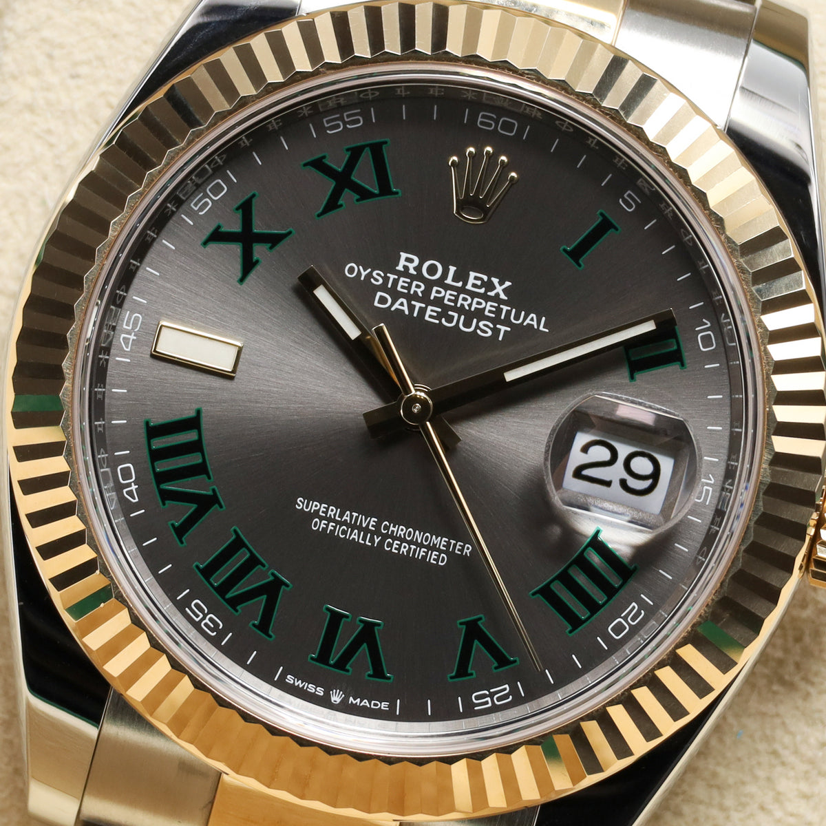 Rolex Datejust 2021 Complete 41mm Steel And Yellow Gold Slate Gray Dial With Green Roman Numerals Wimbledon Fluted Bezel Oyster Bracelet 126333