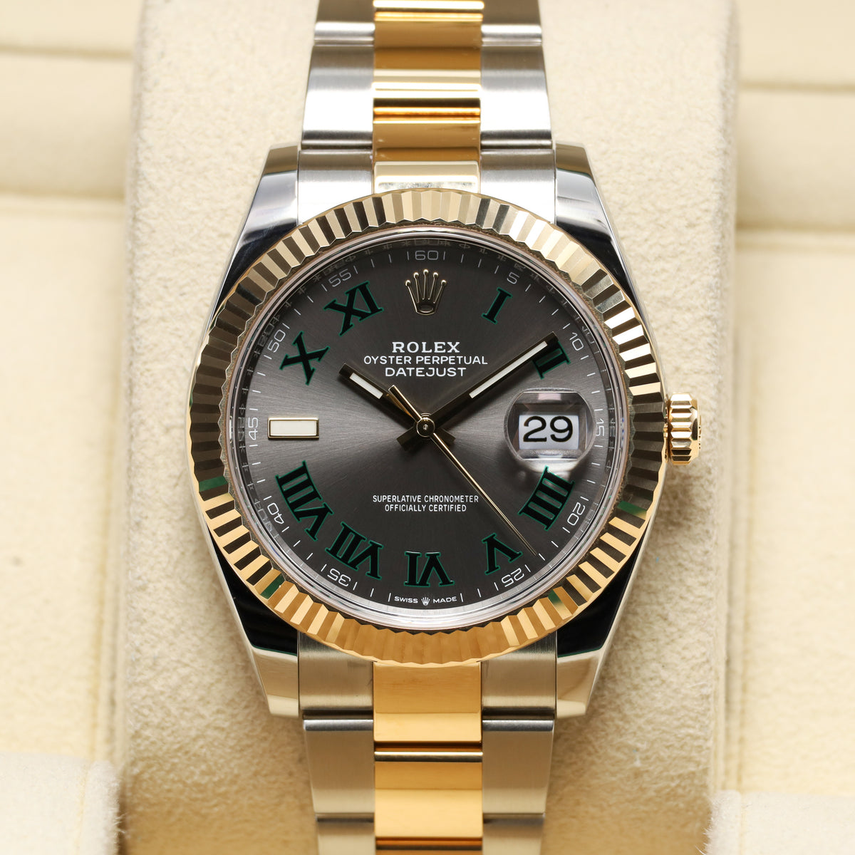 Rolex Datejust 2021 Complete 41mm Steel And Yellow Gold Slate Gray Dial With Green Roman Numerals Wimbledon Fluted Bezel Oyster Bracelet 126333