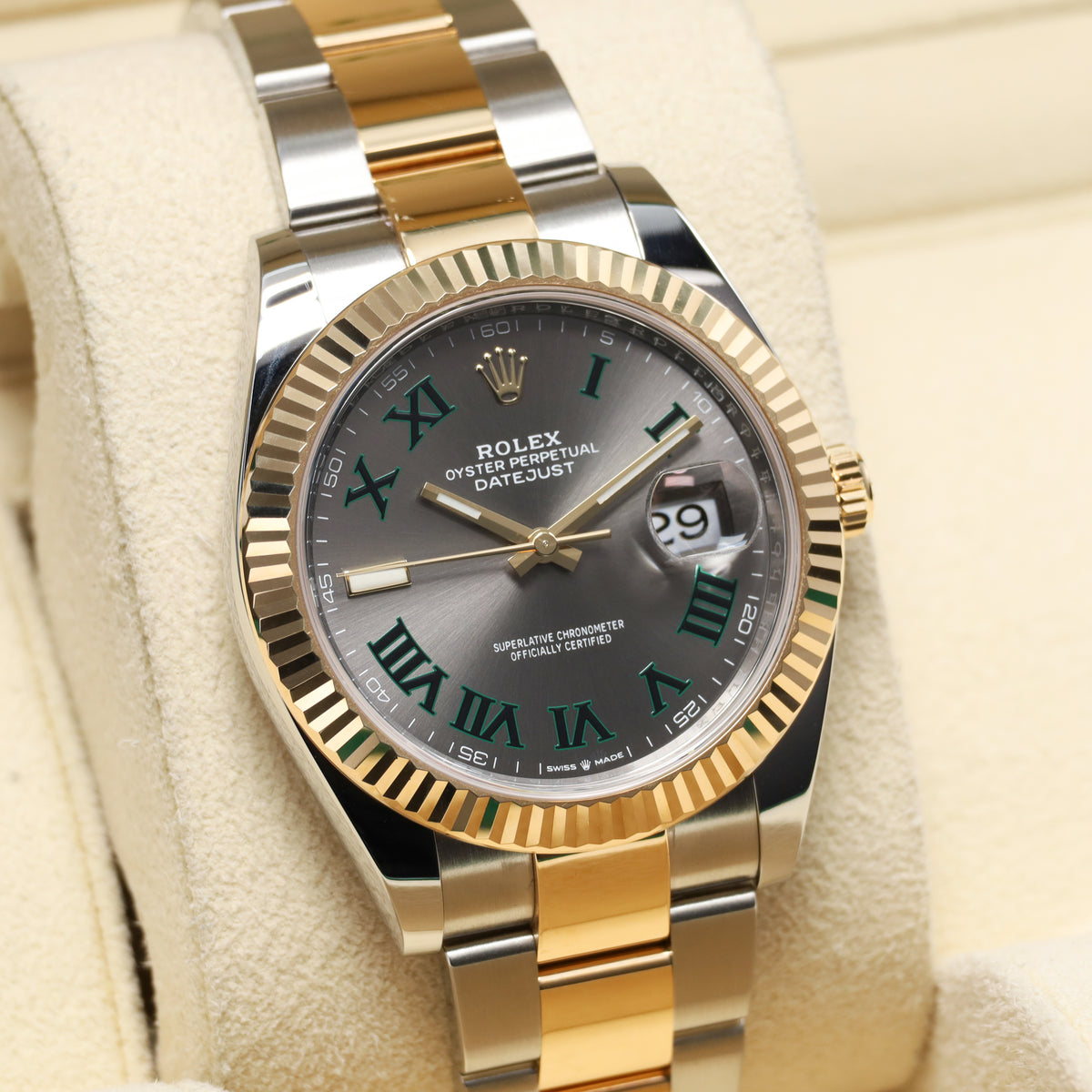 Rolex Datejust 2021 Complete 41mm Steel And Yellow Gold Slate Gray Dial With Green Roman Numerals Wimbledon Fluted Bezel Oyster Bracelet 126333