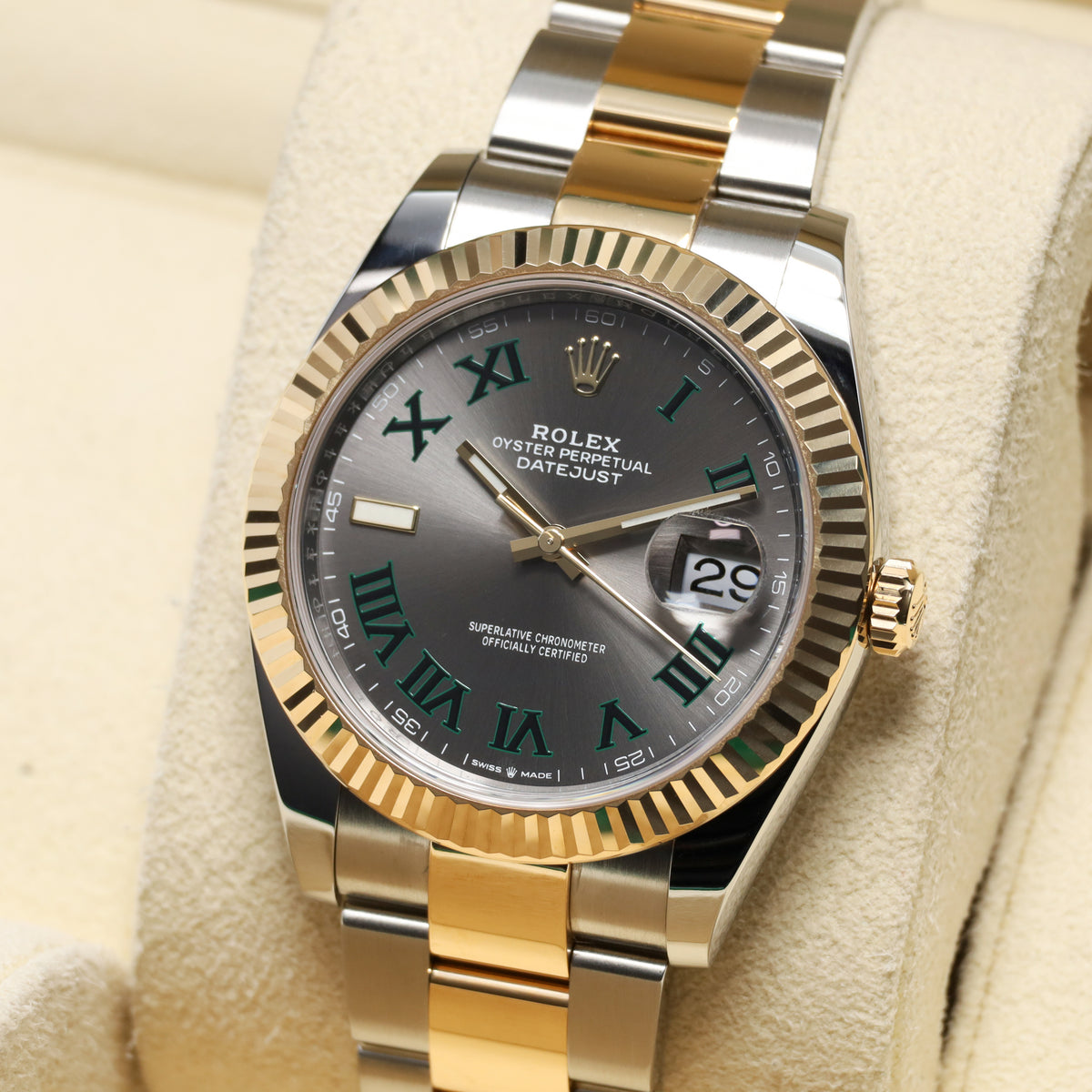 Rolex Datejust 2021 Complete 41mm Steel And Yellow Gold Slate Gray Dial With Green Roman Numerals Wimbledon Fluted Bezel Oyster Bracelet 126333