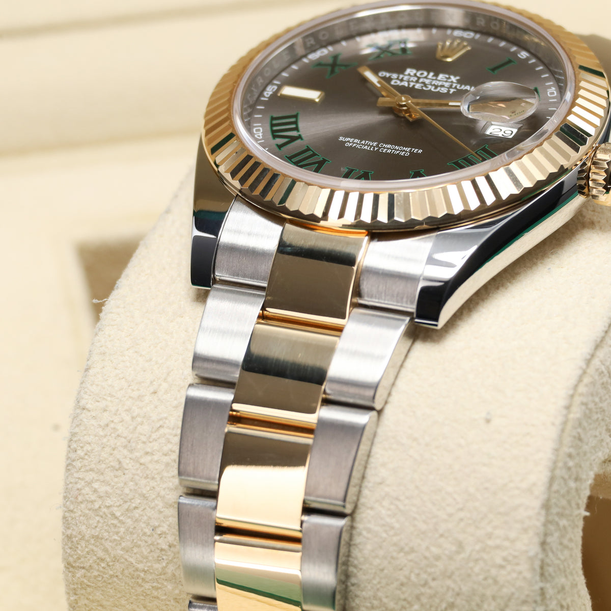 Rolex Datejust 2021 Complete 41mm Steel And Yellow Gold Slate Gray Dial With Green Roman Numerals Wimbledon Fluted Bezel Oyster Bracelet 126333